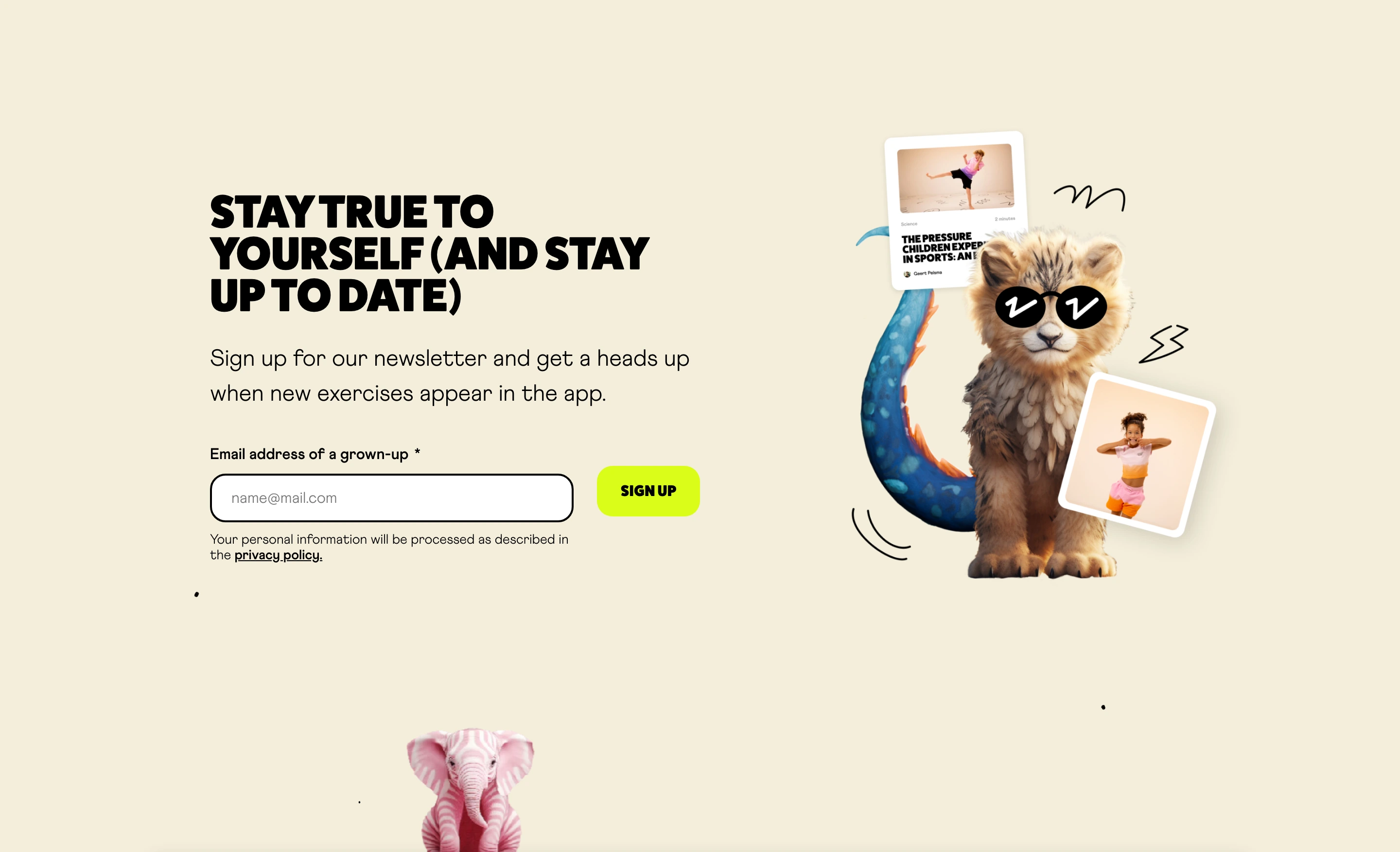 A cheerful newsletter signup section pairing chunky uppercase type and a neon accent button with a whimsical 3D creature and floating cards.