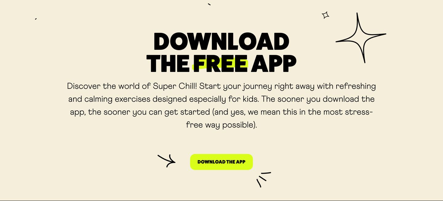Friendly and approachable app download section featuring bold chunky headline type, warm cream background, and playful hand-drawn doodles.