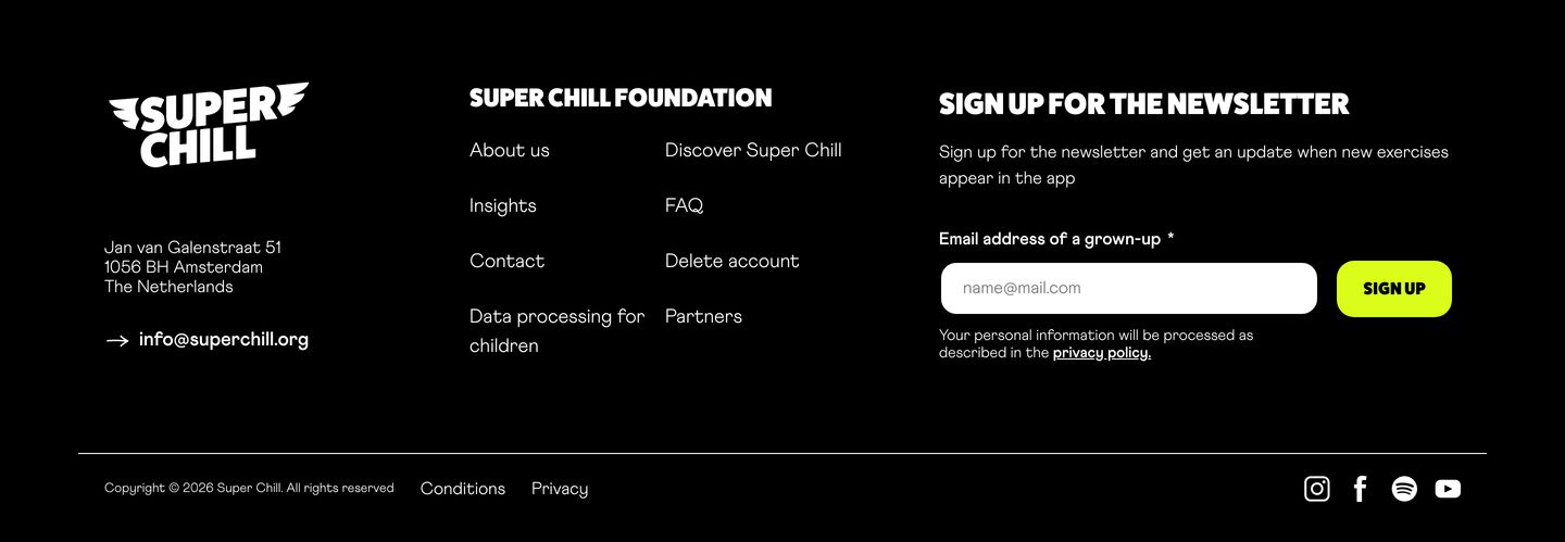 A high-contrast dark footer anchored by friendly chunky typography and an energetic lime-yellow newsletter pill button.