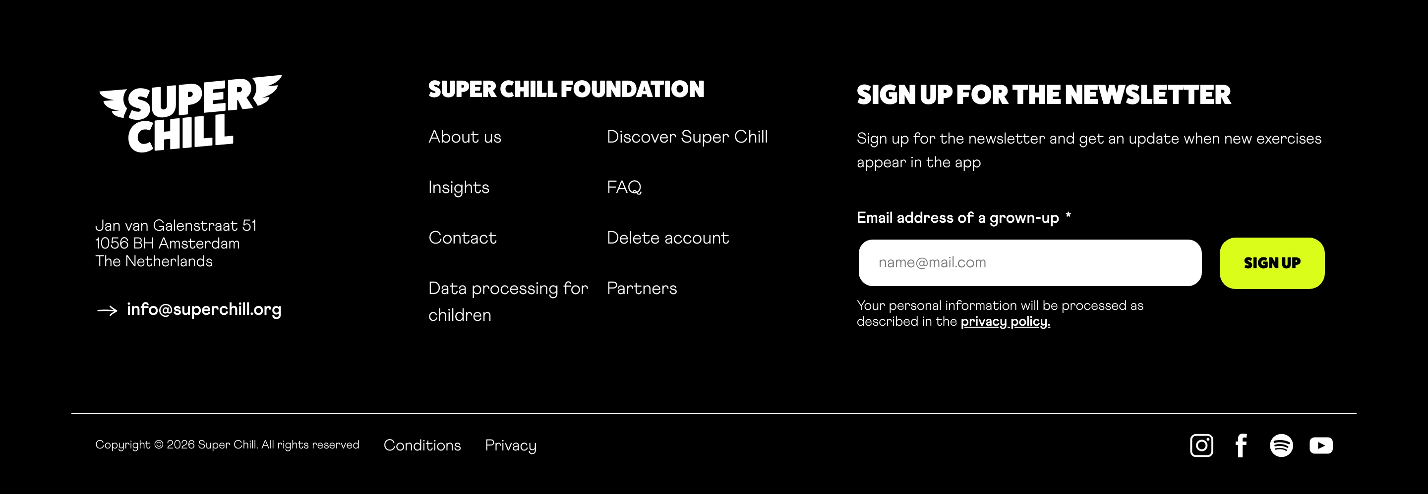 A high-contrast dark footer anchored by friendly chunky typography and an energetic lime-yellow newsletter pill button.