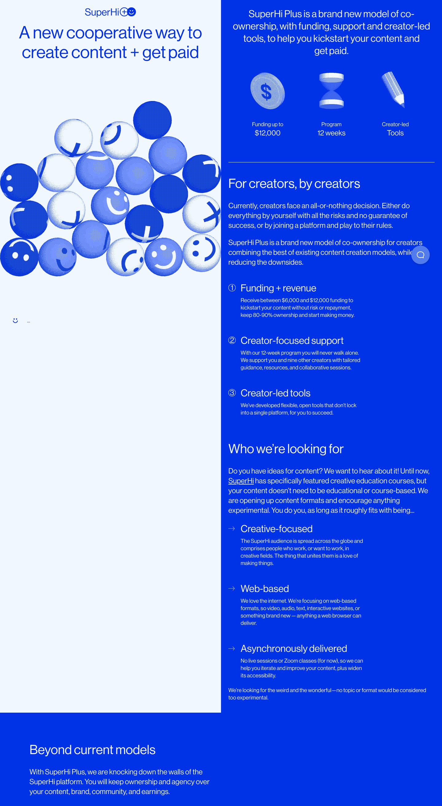 High-contrast cobalt blue split layout combining tactile dithered 3D smiley spheres with crisp modernist typography.