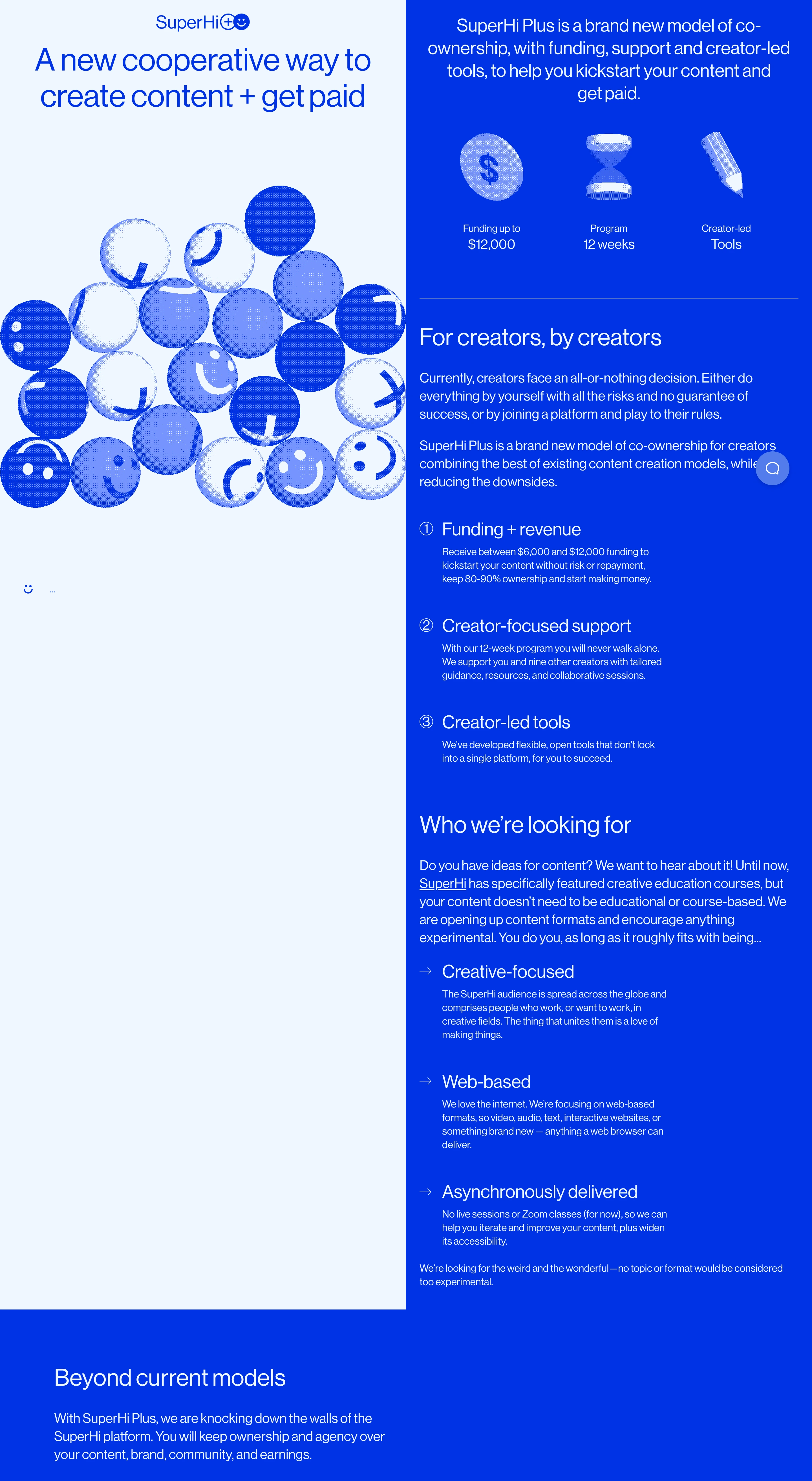 High-contrast cobalt blue split layout combining tactile dithered 3D smiley spheres with crisp modernist typography.