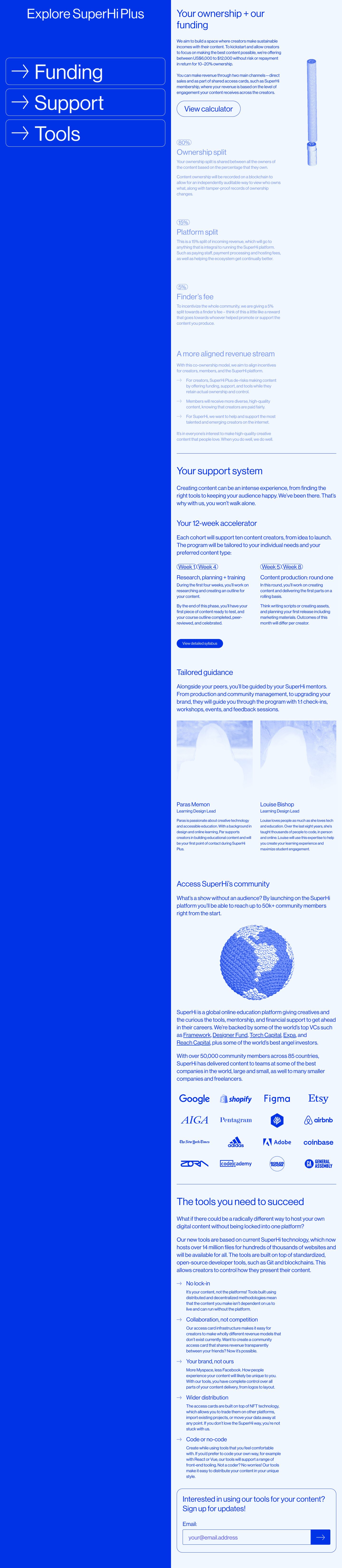 An asymmetrical split layout pairing a saturated electric blue anchor sidebar with a comprehensive, editorial breakdown of program features and tools.
