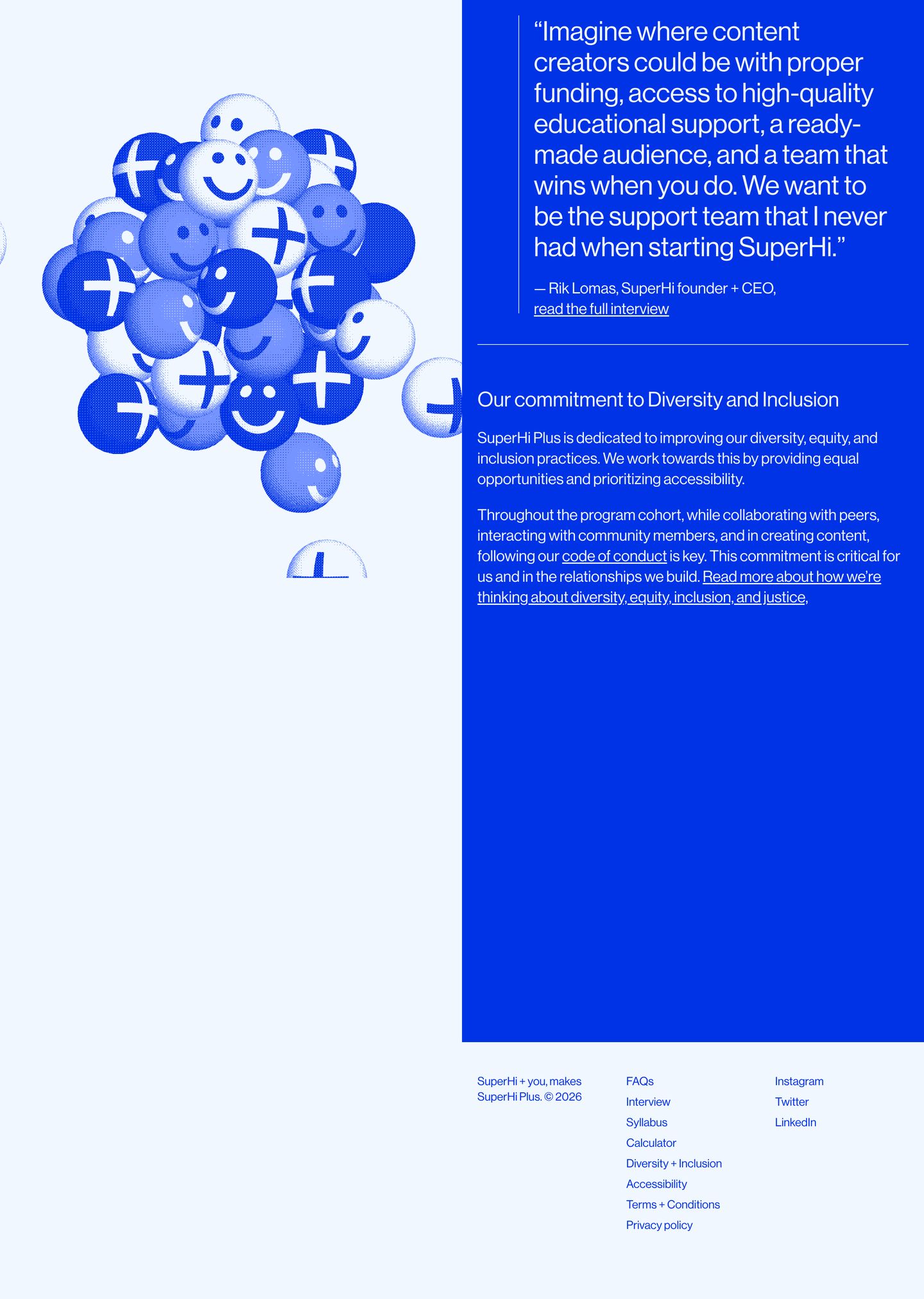 A striking cobalt-blue split composition pairing a playful stippled sphere cluster with clean, high-contrast Swiss typography and structured editorial copy.