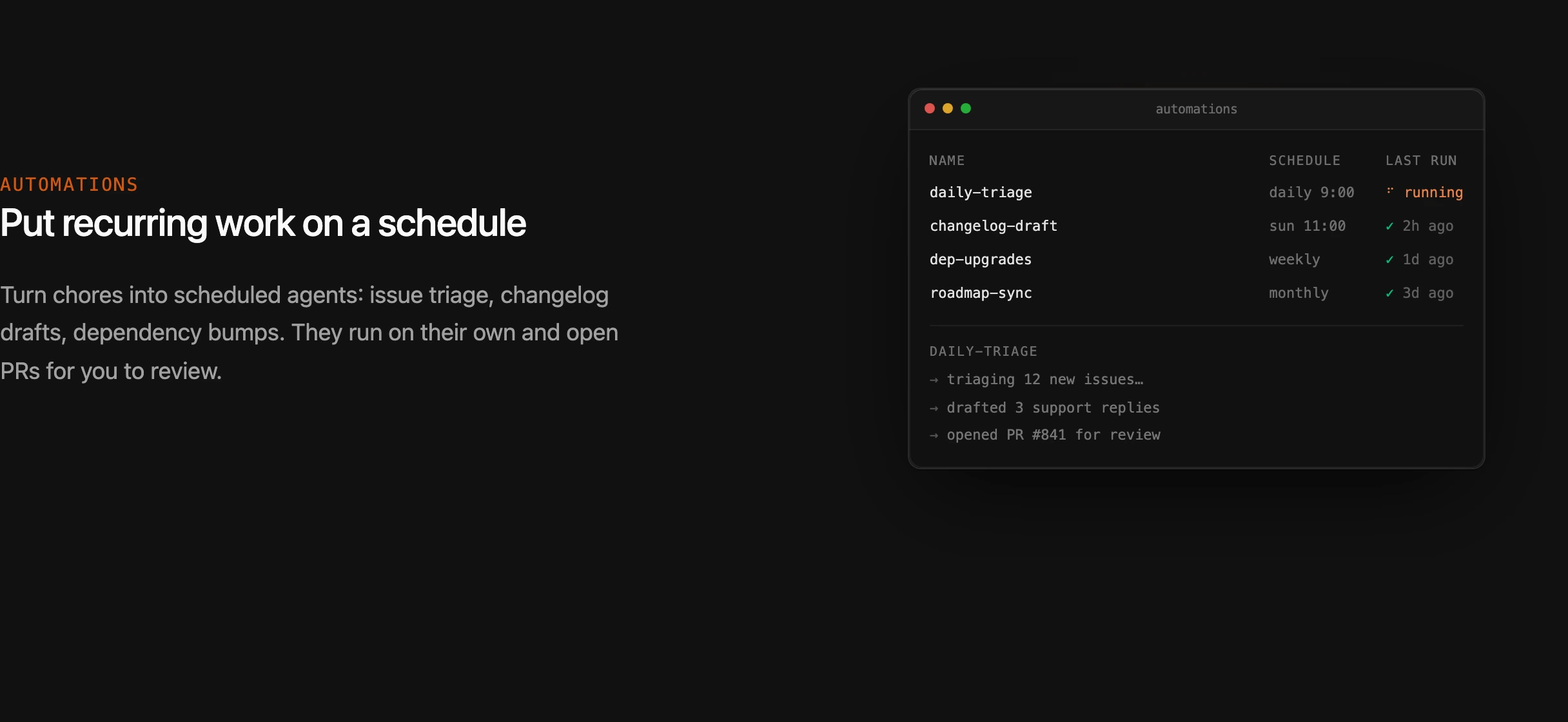 Minimal, developer-centric feature split pairing concise copy with a dark monospace terminal automation window.