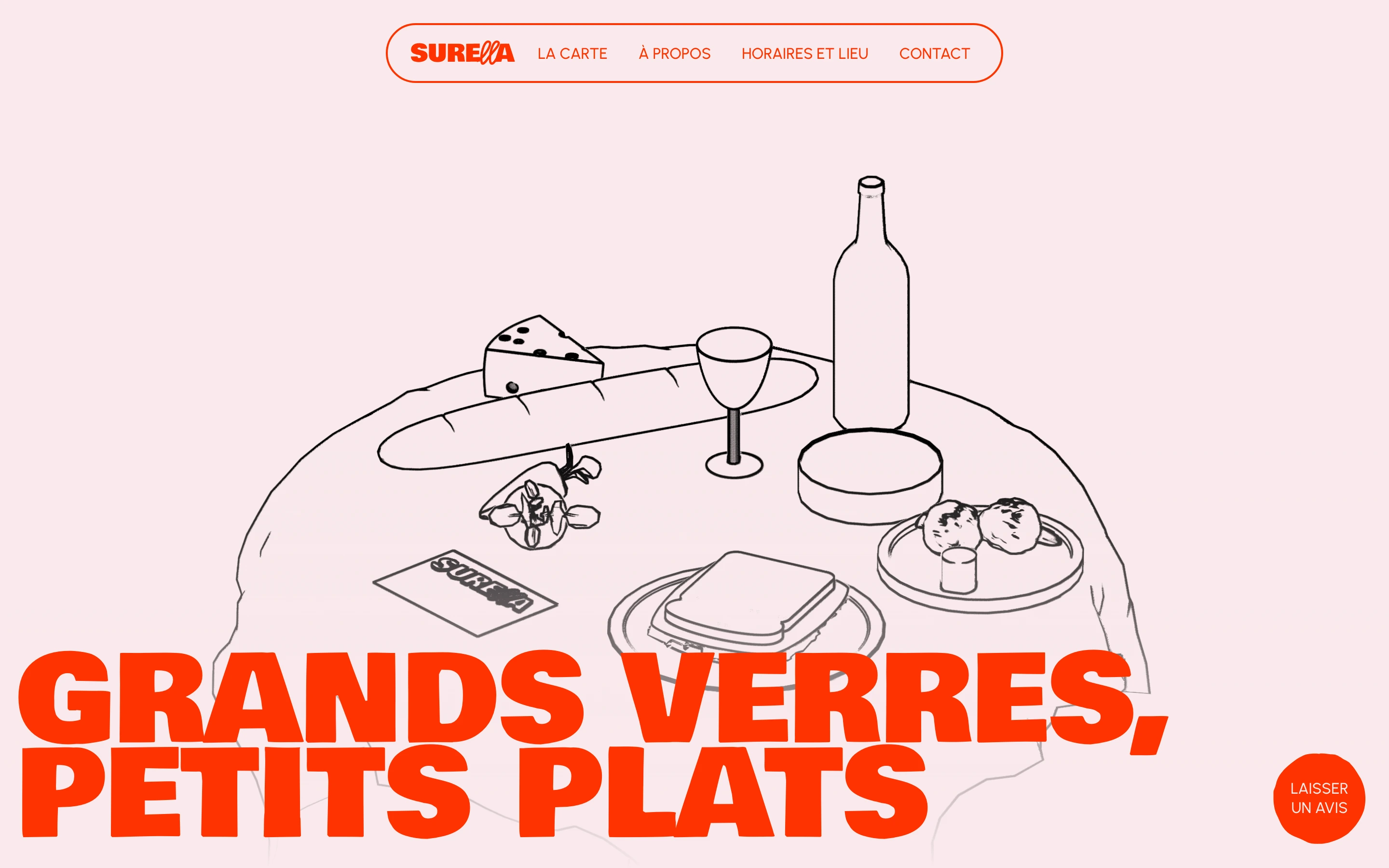 Playful bistro hero featuring bold vermillion typography over a delicate line-drawn dining scene on a warm blush canvas.