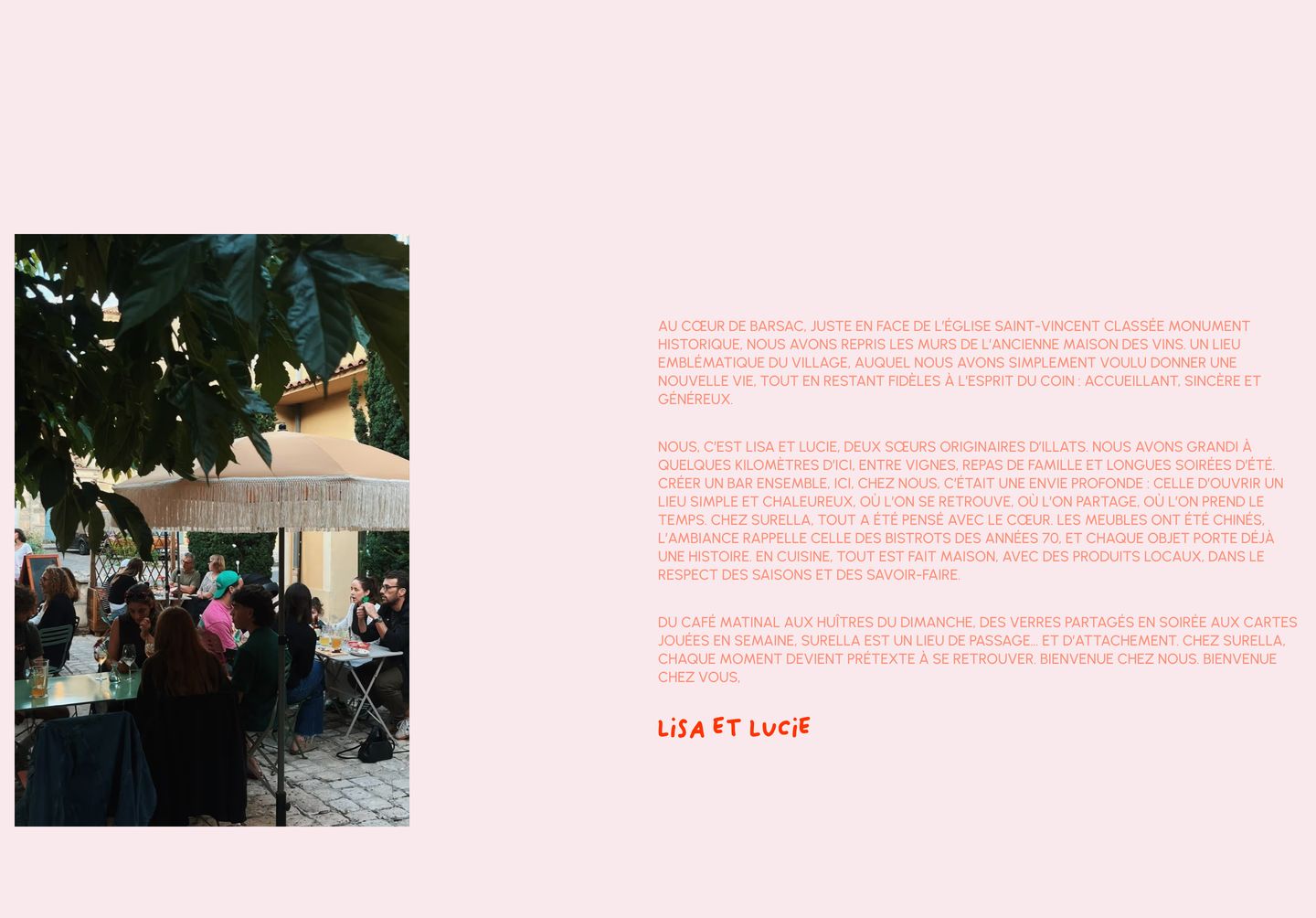 Warm, sun-drenched manifesto section pairing candid outdoor bistro photography with soft pink tone-on-tone uppercase storytelling.