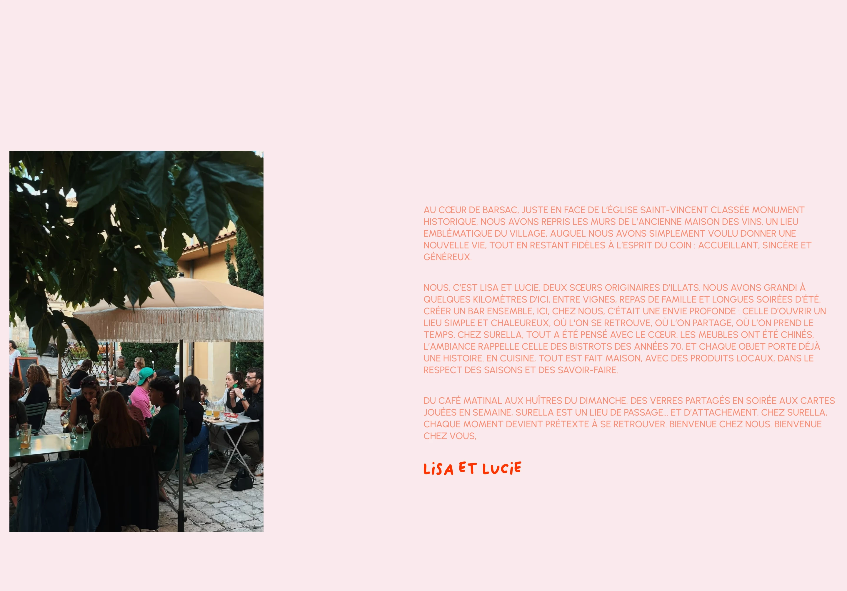 Warm, sun-drenched manifesto section pairing candid outdoor bistro photography with soft pink tone-on-tone uppercase storytelling.