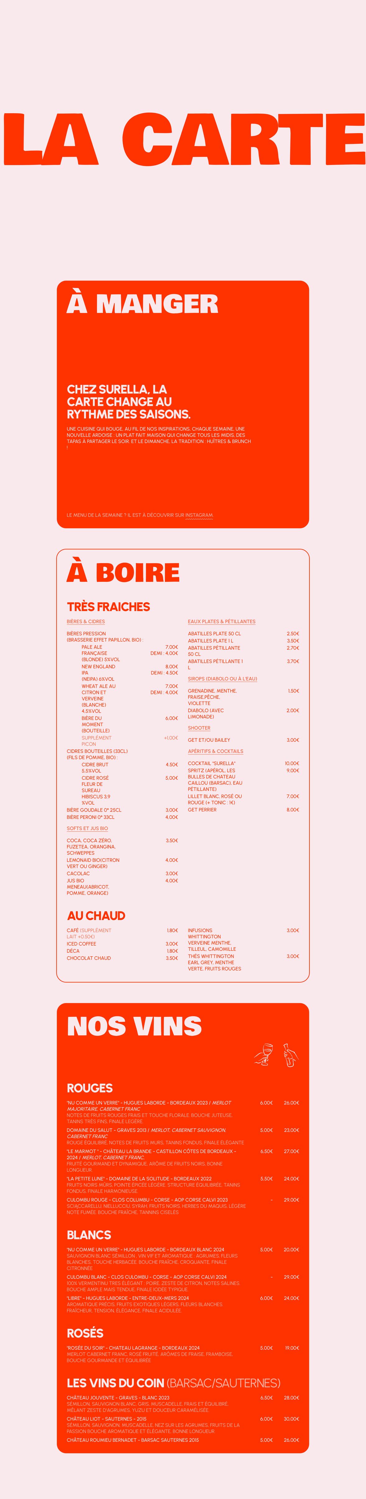 Vibrant French bistro menu structured into rounded, high-contrast cards with bold oversized orange typography.