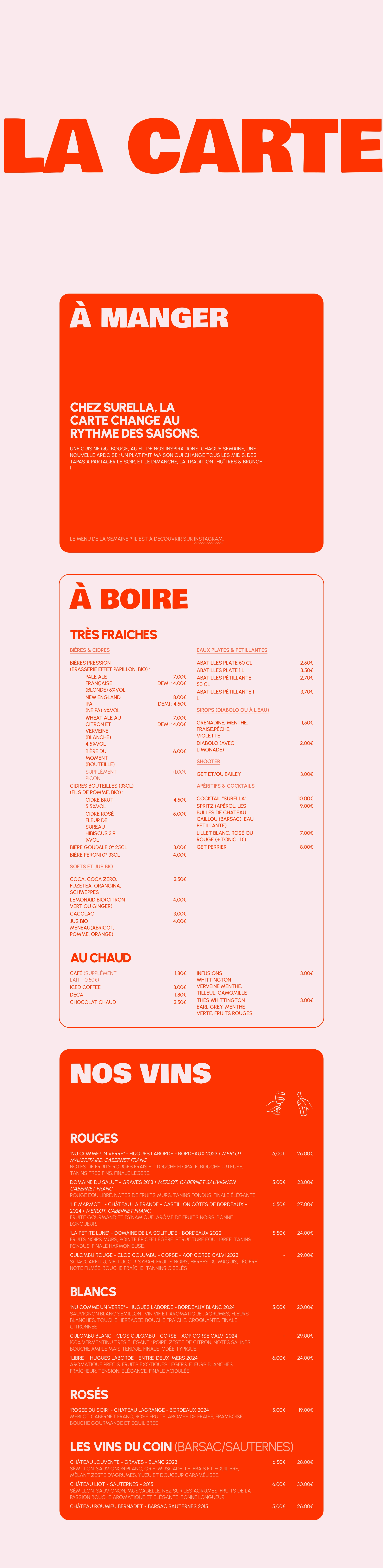 Vibrant French bistro menu structured into rounded, high-contrast cards with bold oversized orange typography.