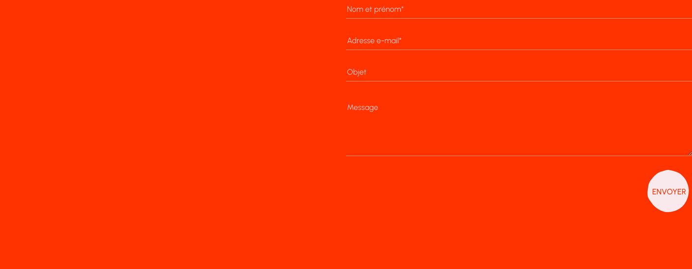 Vibrant saturated orange contact section balancing delicate hairline form fields with expansive empty space and a circular submit action.
