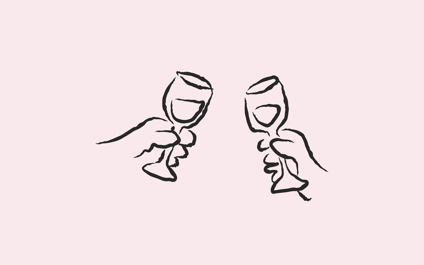 A charming, hand-drawn brush illustration of two hands toasting wine glasses floating over an airy pale pink canvas.