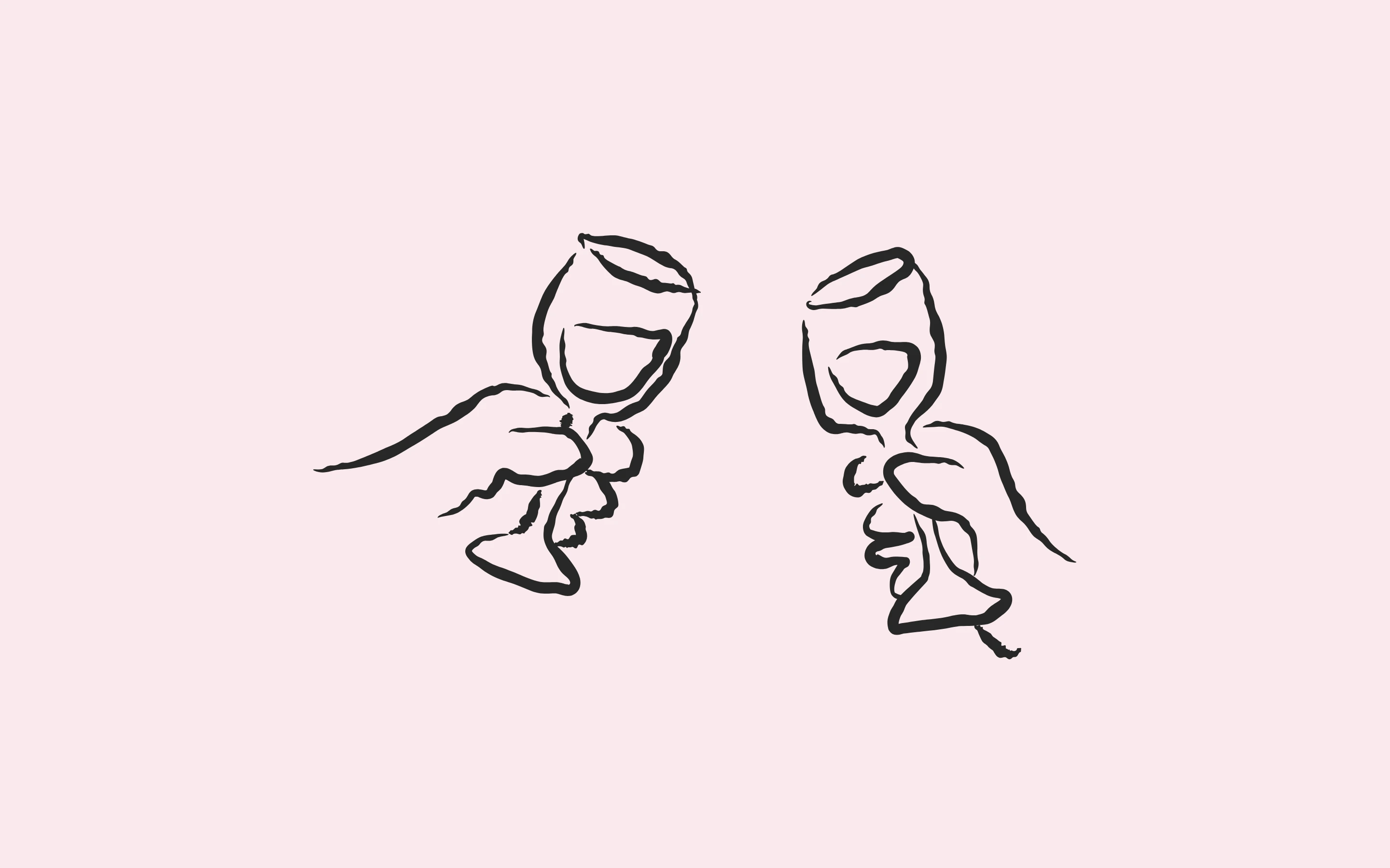 A charming, hand-drawn brush illustration of two hands toasting wine glasses floating over an airy pale pink canvas.