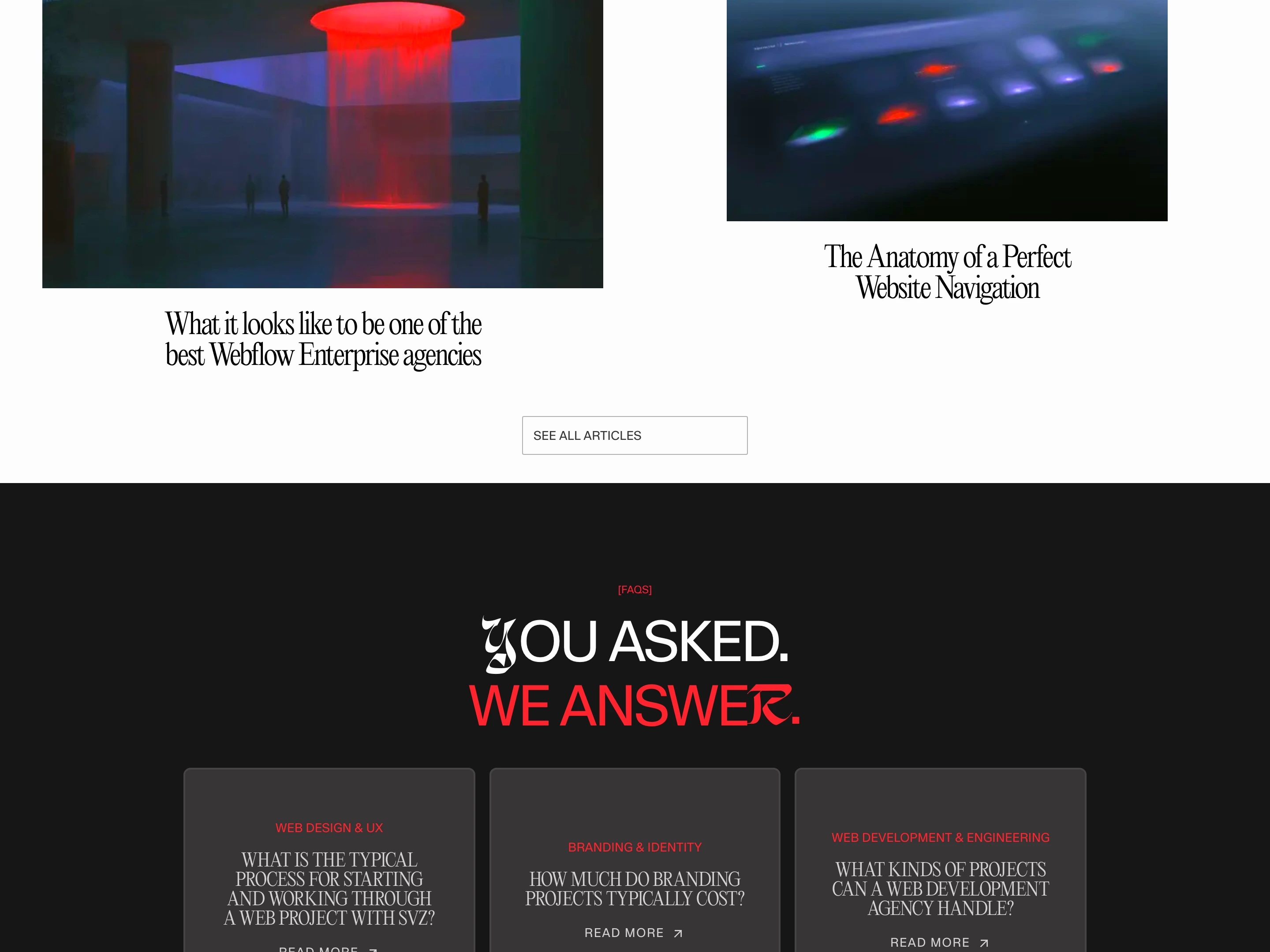 Bold dark FAQ section pairing expressive bespoke display lettering with structured question cards accented in striking red.