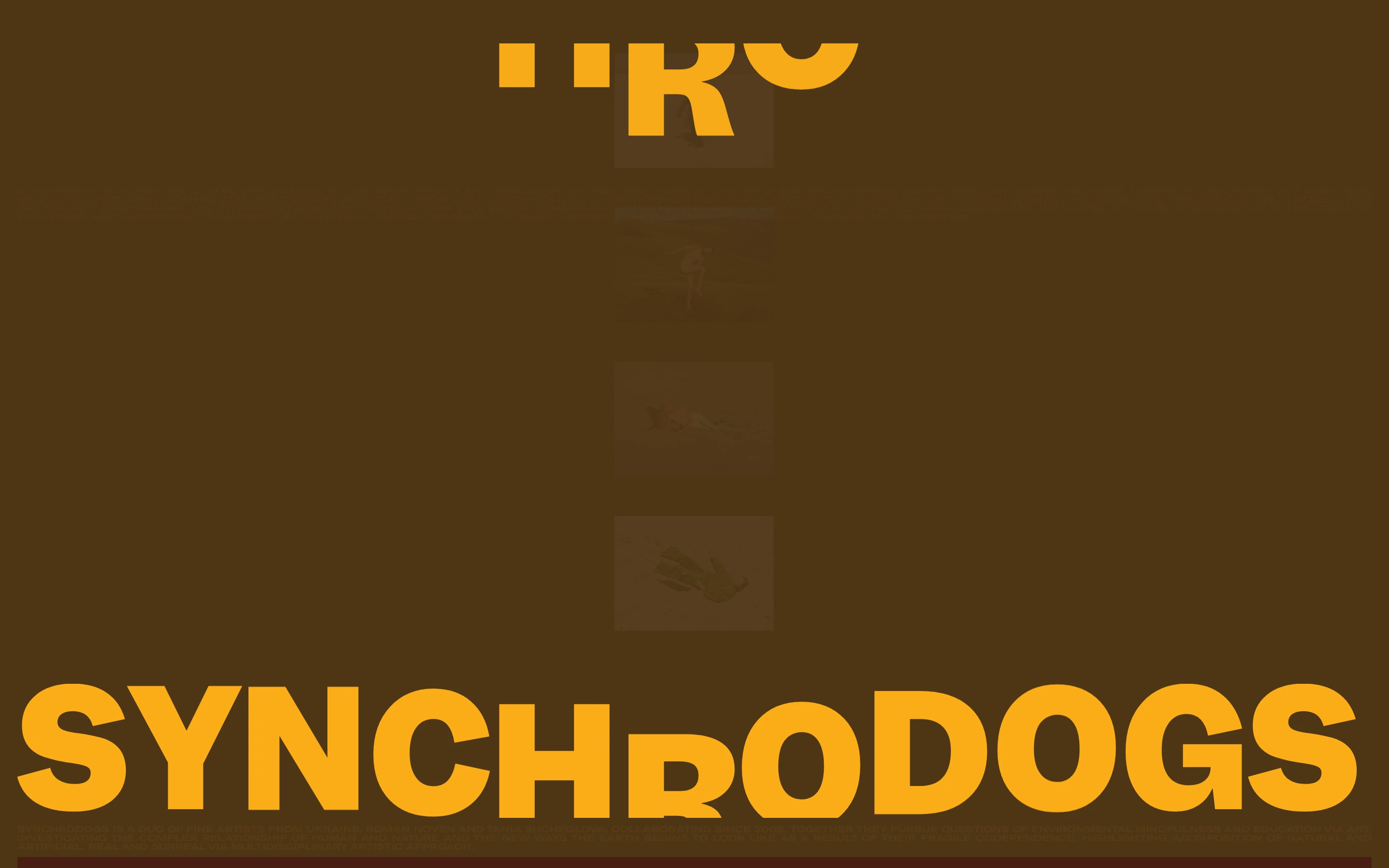Bold, earthy preloader layout dominated by massive golden typography framing a vertical strip of photographic imagery.