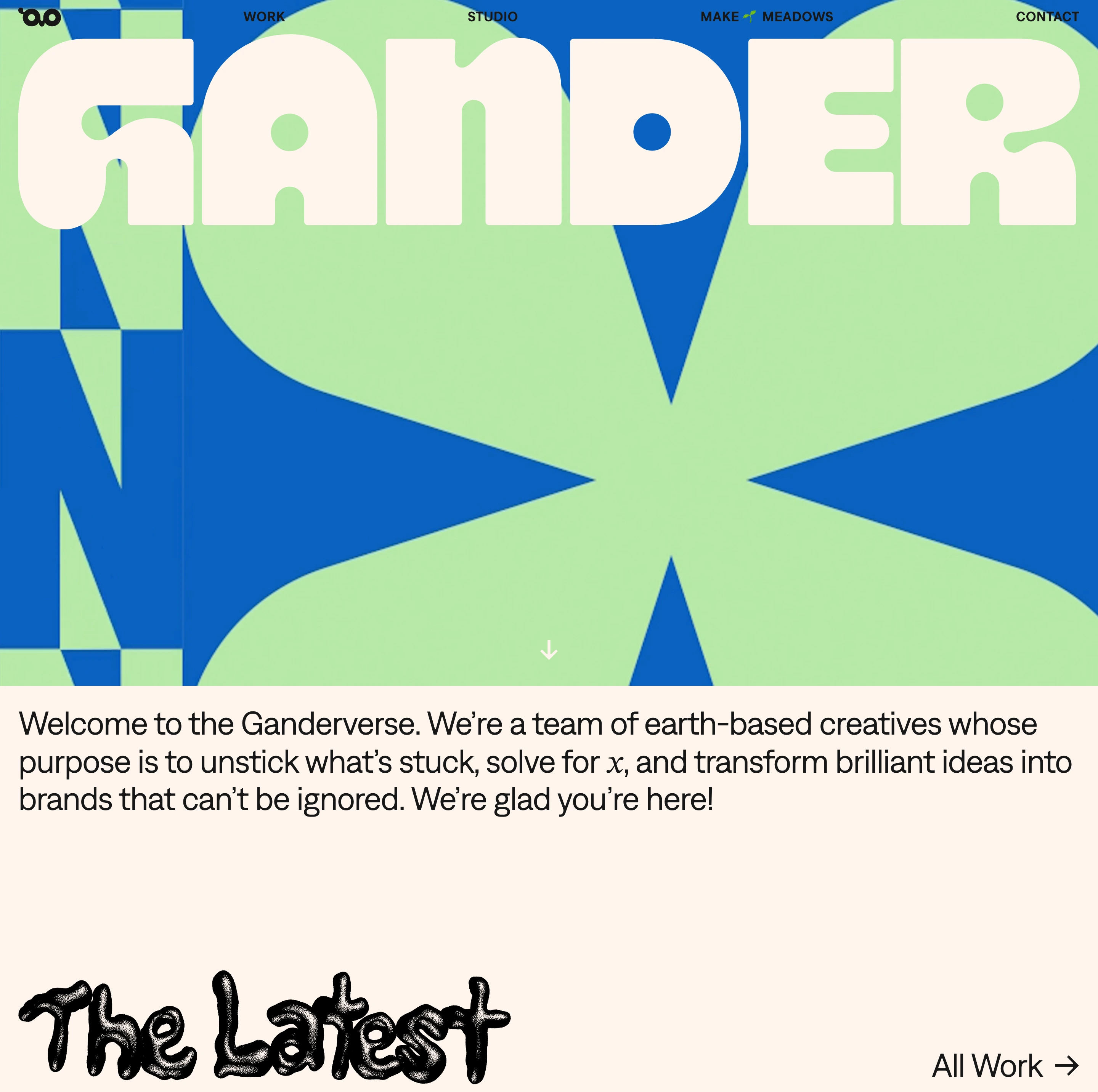 Loud, playful agency hero with giant chunky display typography over electric lime and cobalt geometry followed by an irreverent studio intro.