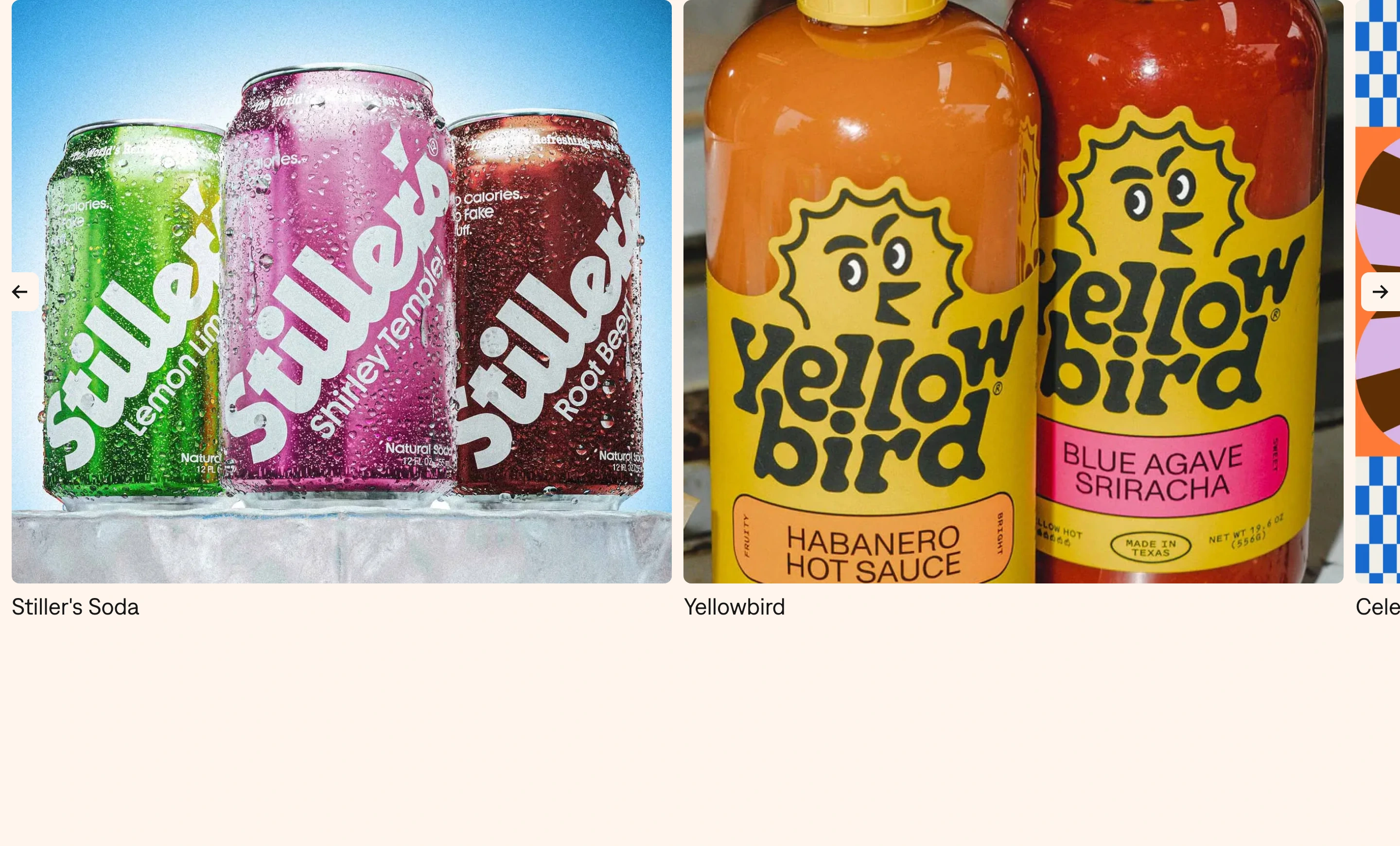 Punchy, saturated product showcase featuring bold CPG packaging photography inside a clean horizontal gallery.
