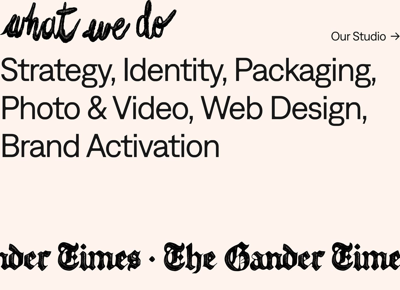 Warm and tactile agency capability statement pairing expressive handwritten script with clean ink-trap grotesk type on a soft cream background.