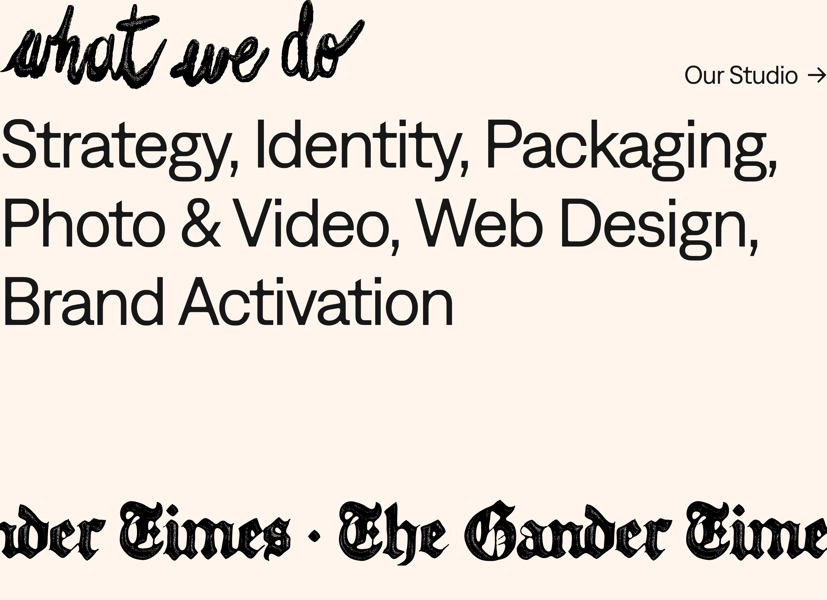 Warm and tactile agency capability statement pairing expressive handwritten script with clean ink-trap grotesk type on a soft cream background.