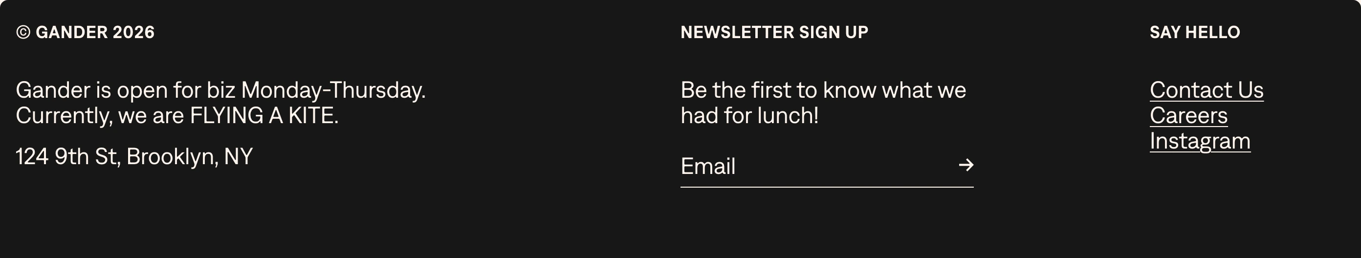 A clean dark three-column footer balancing crisp utilitarian typography with cheeky agency microcopy and a minimal newsletter input.