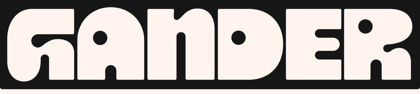 Massive stylized wordmark dominating the footer with heavy, rounded custom letterforms in high contrast black and cream.