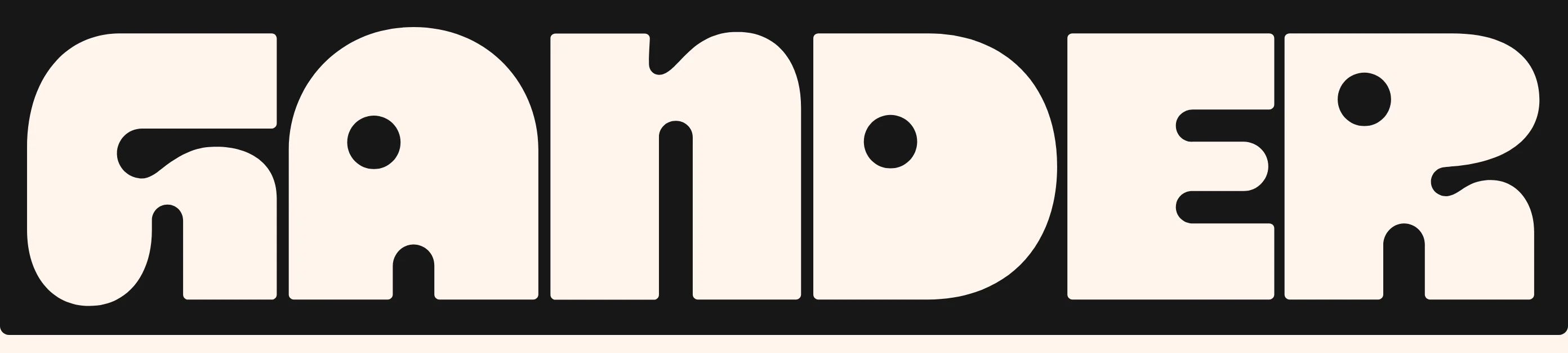 Massive stylized wordmark dominating the footer with heavy, rounded custom letterforms in high contrast black and cream.