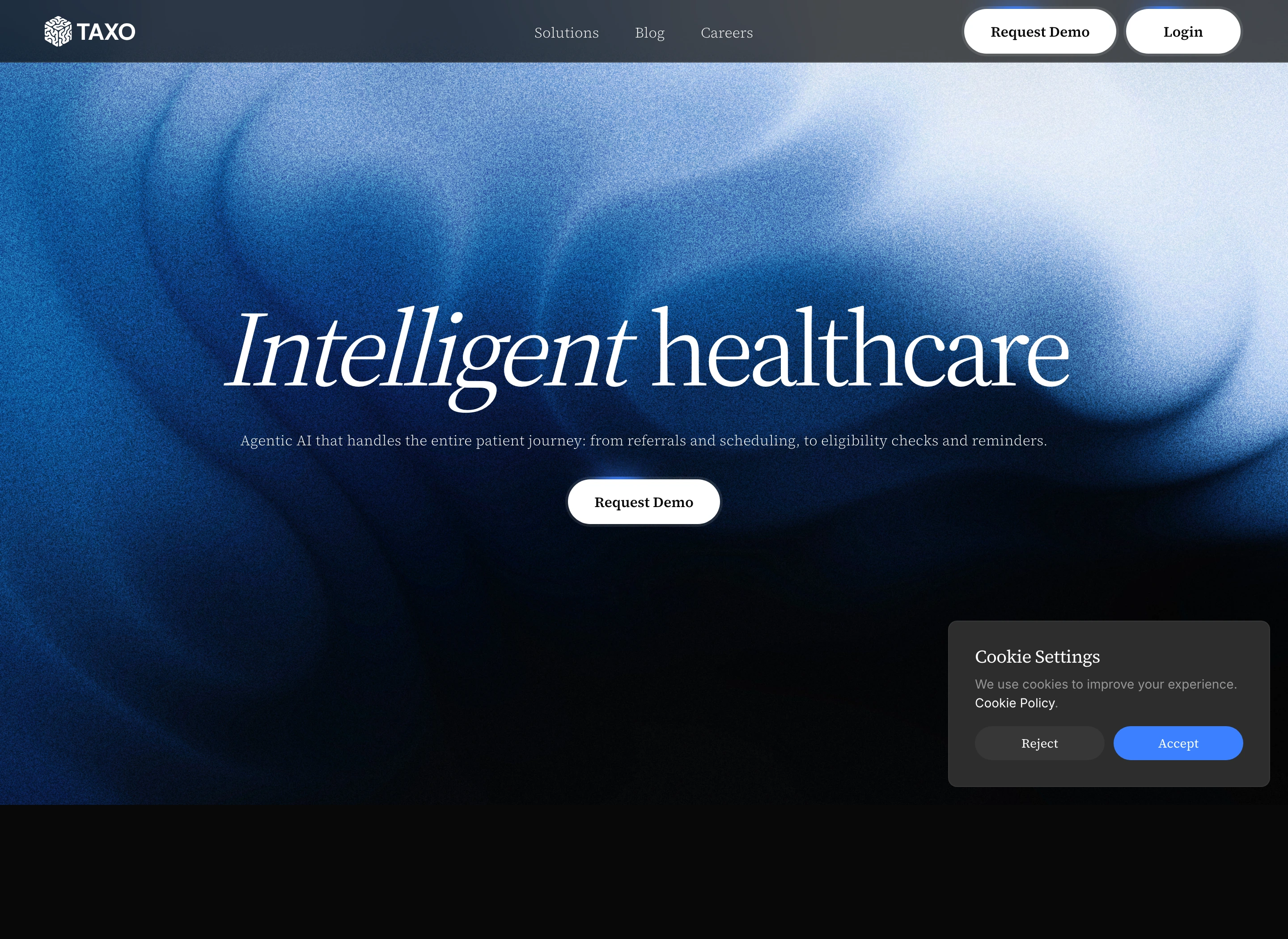 Luminous and atmospheric dark hero centering an elegant serif headline over granular, organic blue gradients.