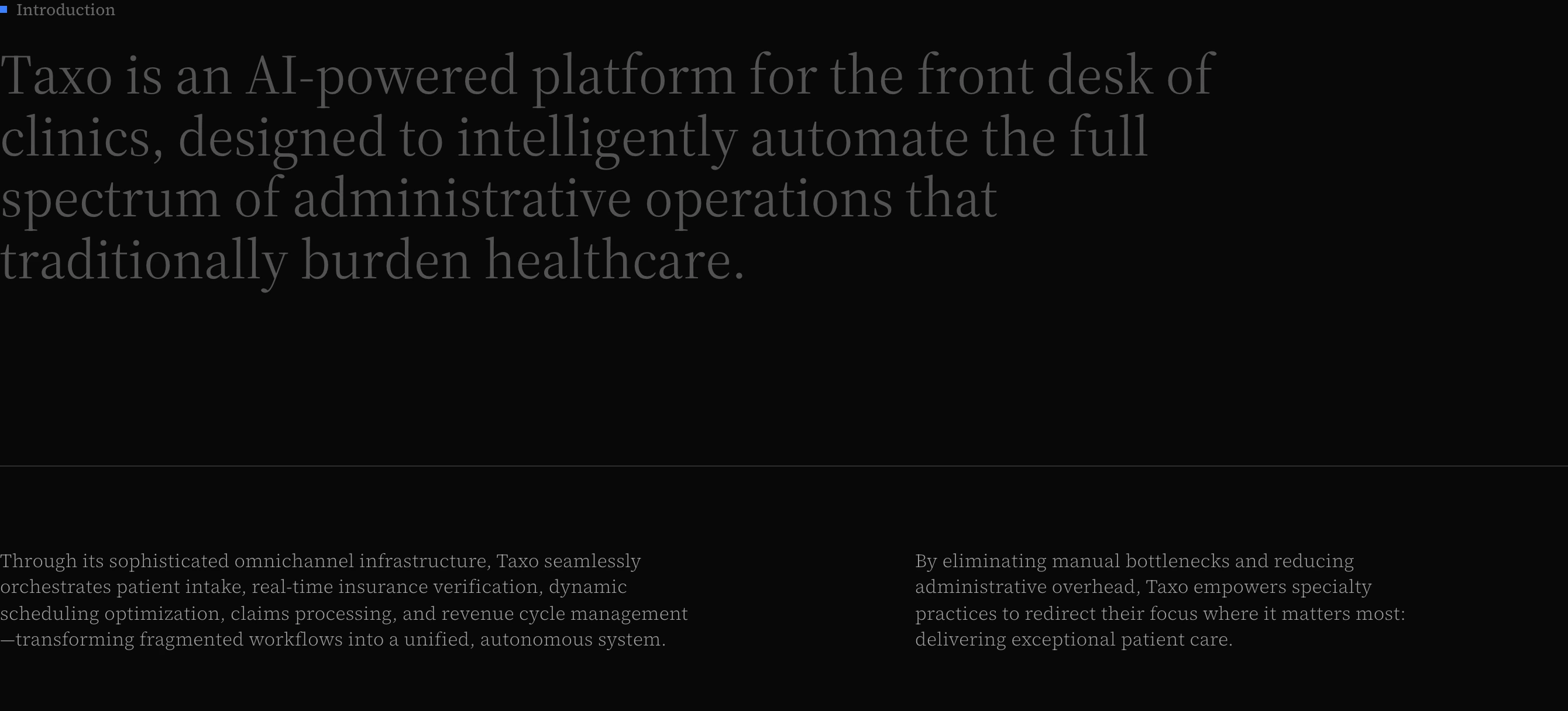 Quiet, dark editorial statement relying purely on restrained serif typography and a single sharp accent pixel.