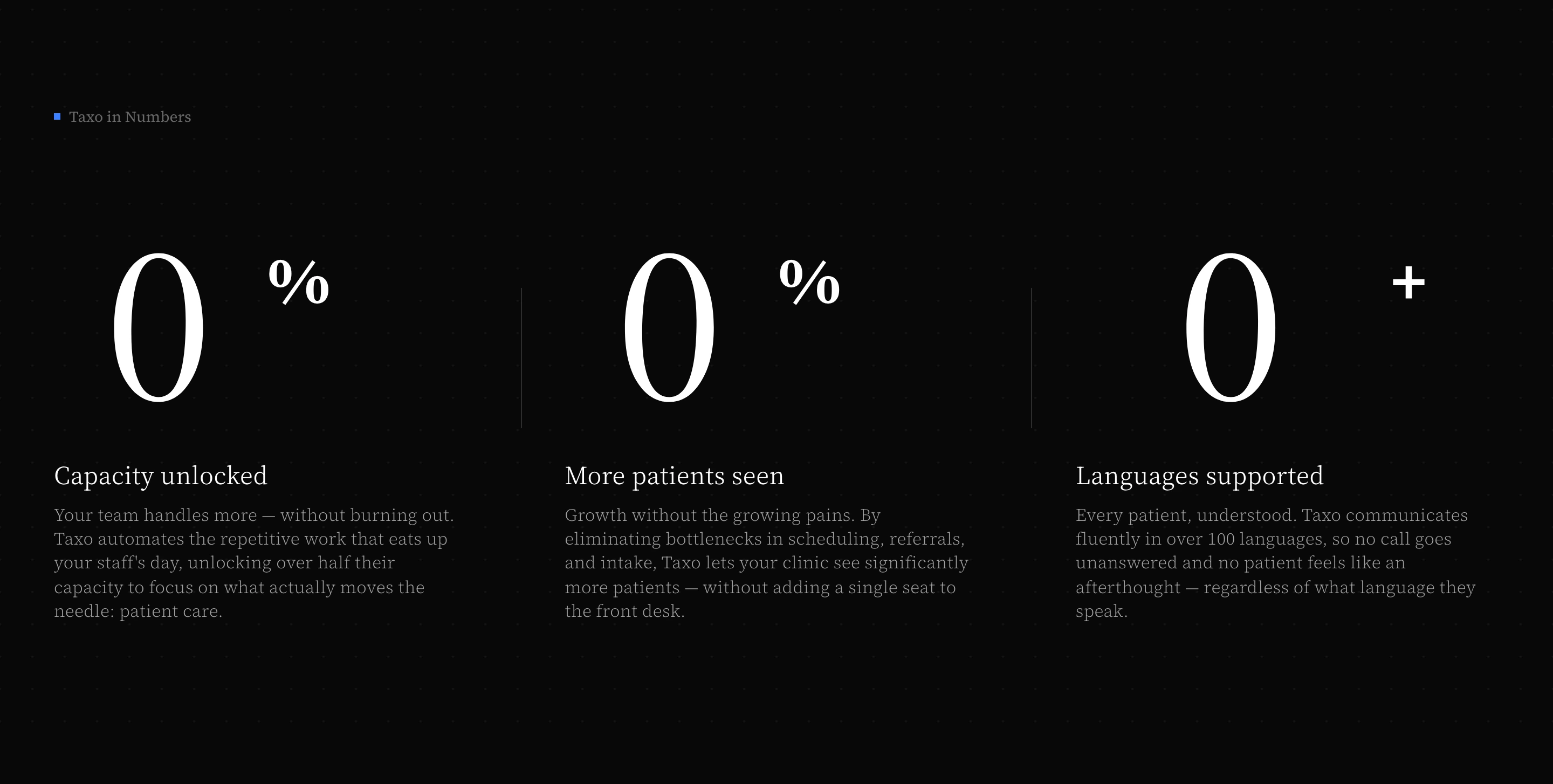 Minimal dark stat grid defined by elegant, oversized serif numbers and understated editorial copy.