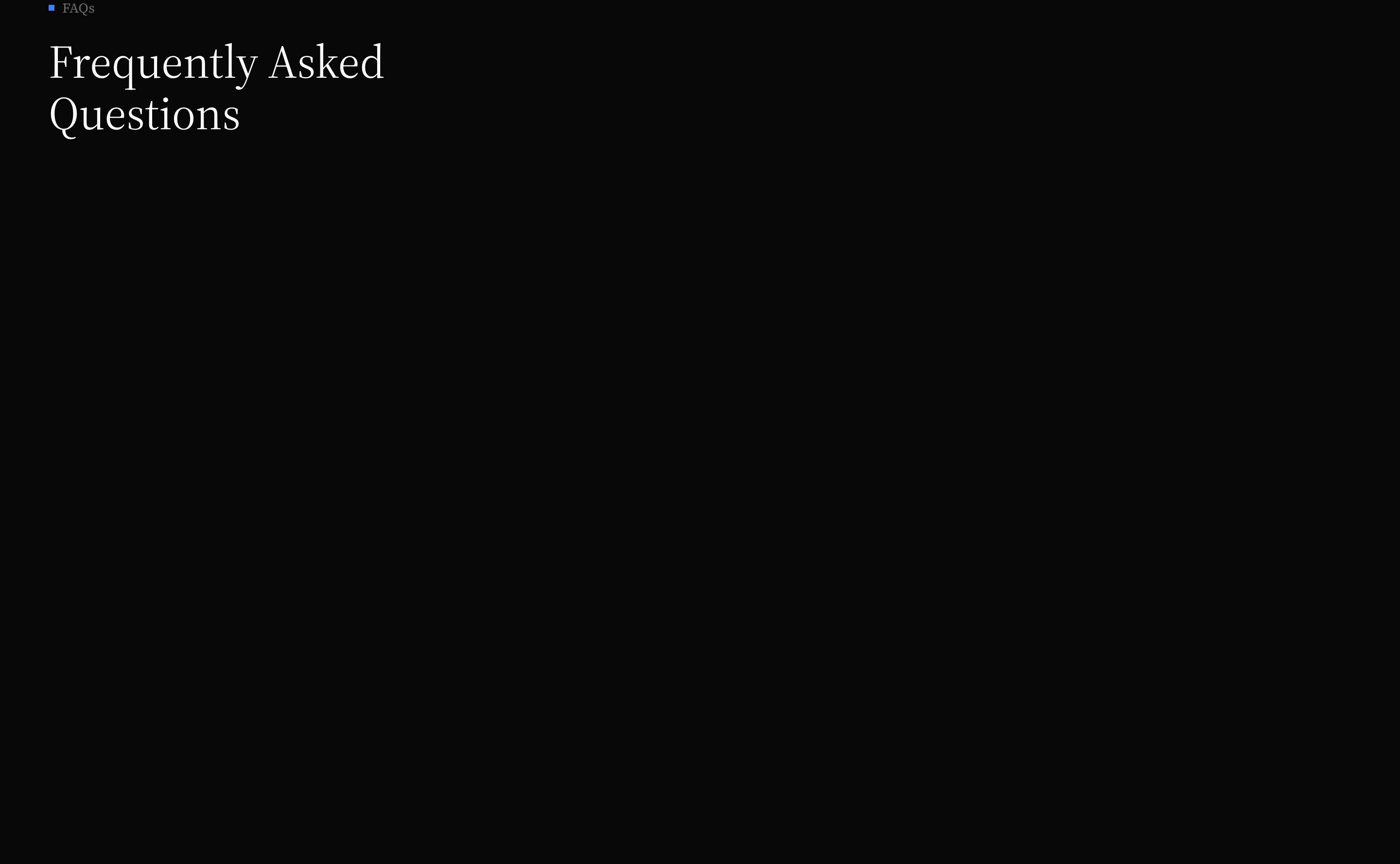 An austere, minimalist dark FAQ header anchored by quiet serif typography and vast empty space.