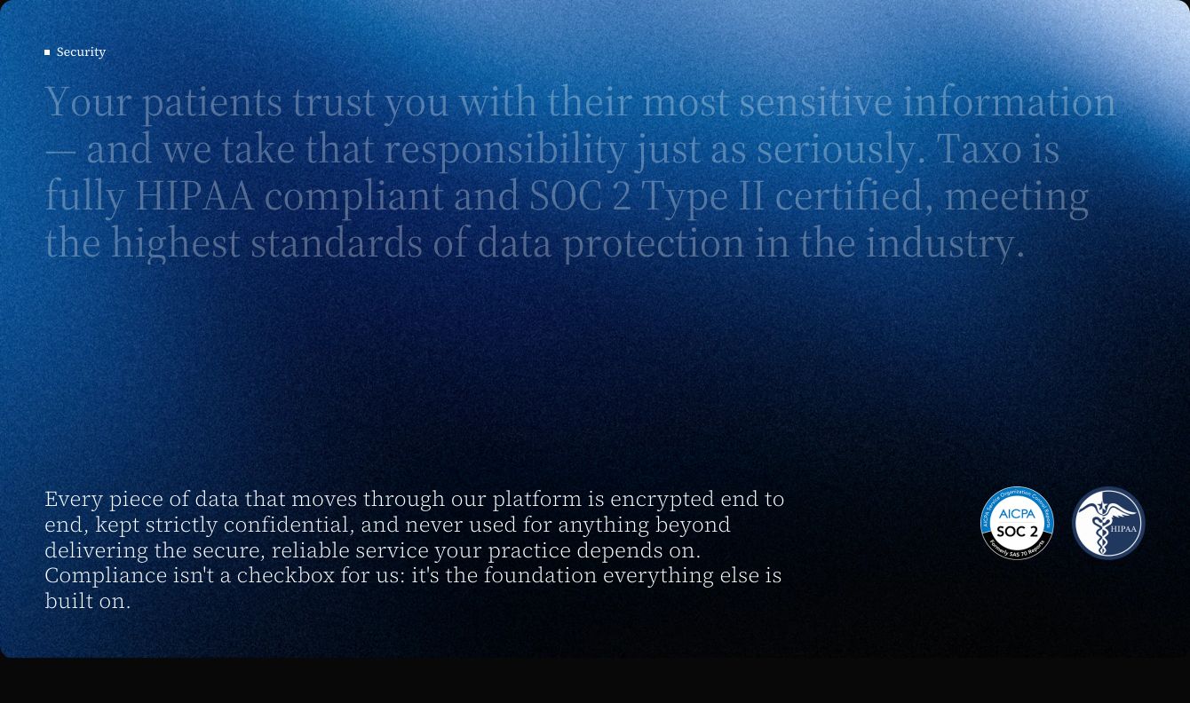 Deep blue textured gradient backdrop grounding a quiet, authoritative statement on patient data security set in refined serif typography.