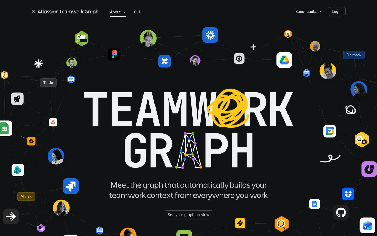 A high-contrast dark hero combining gigantic bold typography with playful scribbled interventions and a surrounding constellation of connected tool icons.