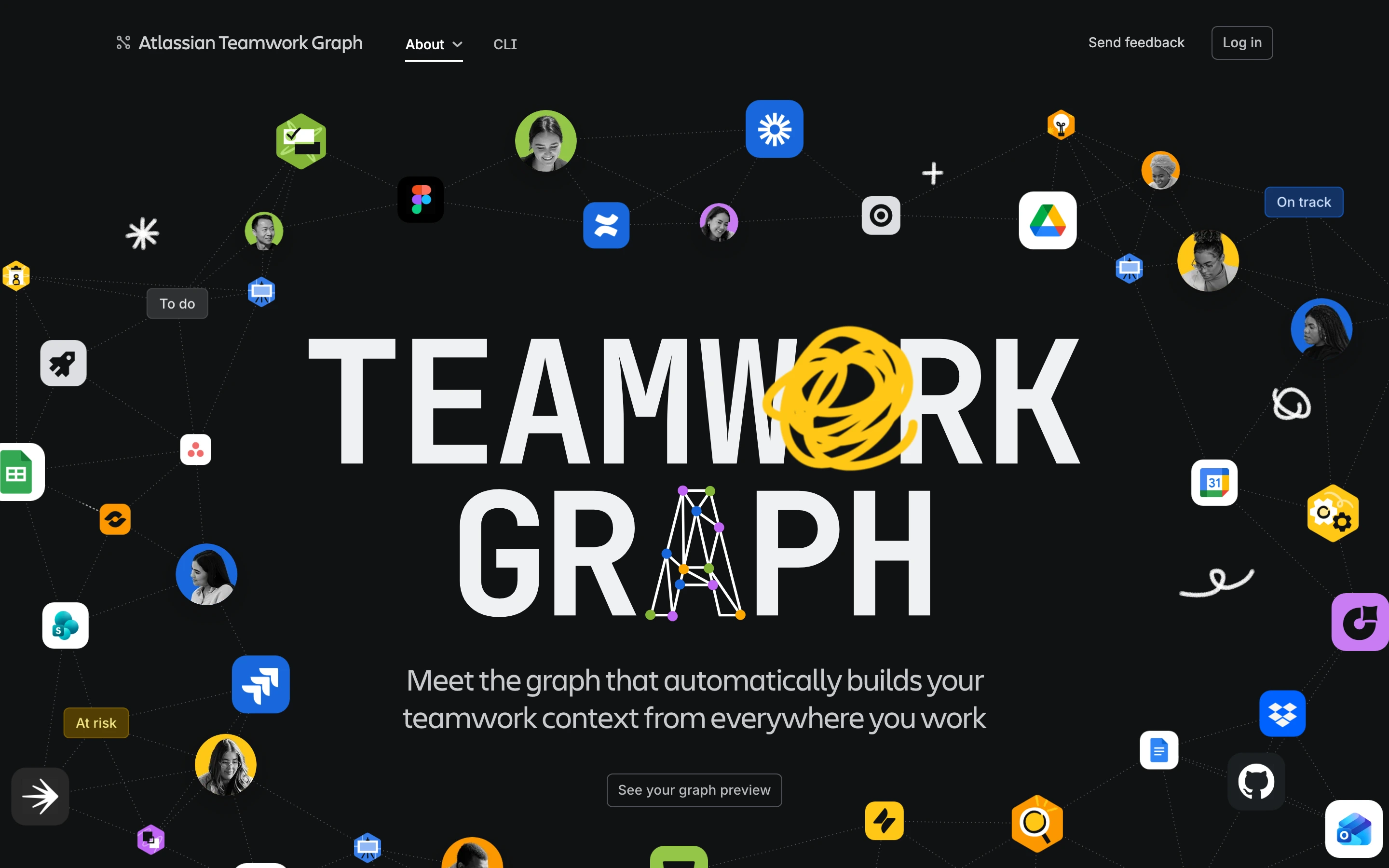 A high-contrast dark hero combining gigantic bold typography with playful scribbled interventions and a surrounding constellation of connected tool icons.