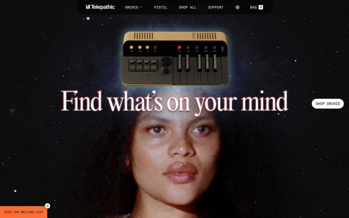 A surreal and dreamy cosmic portrait blends vintage hardware and glowing serif typography into an ethereal synth-pop hero.