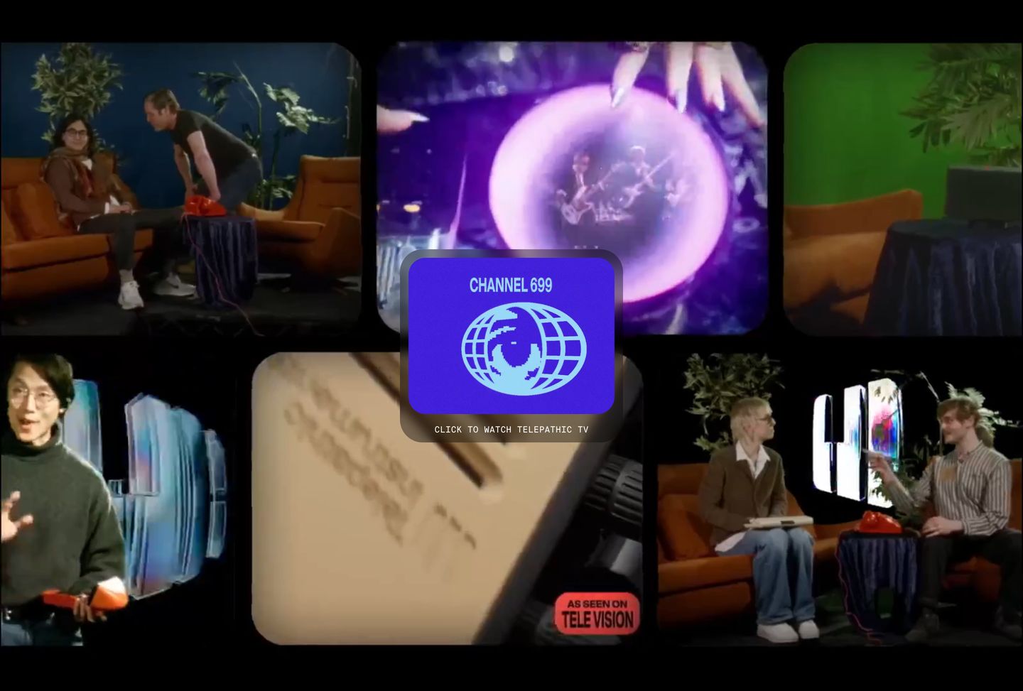 Nostalgic broadcast grid with retro CRT video frames surrounding a central pixel-art channel emblem.