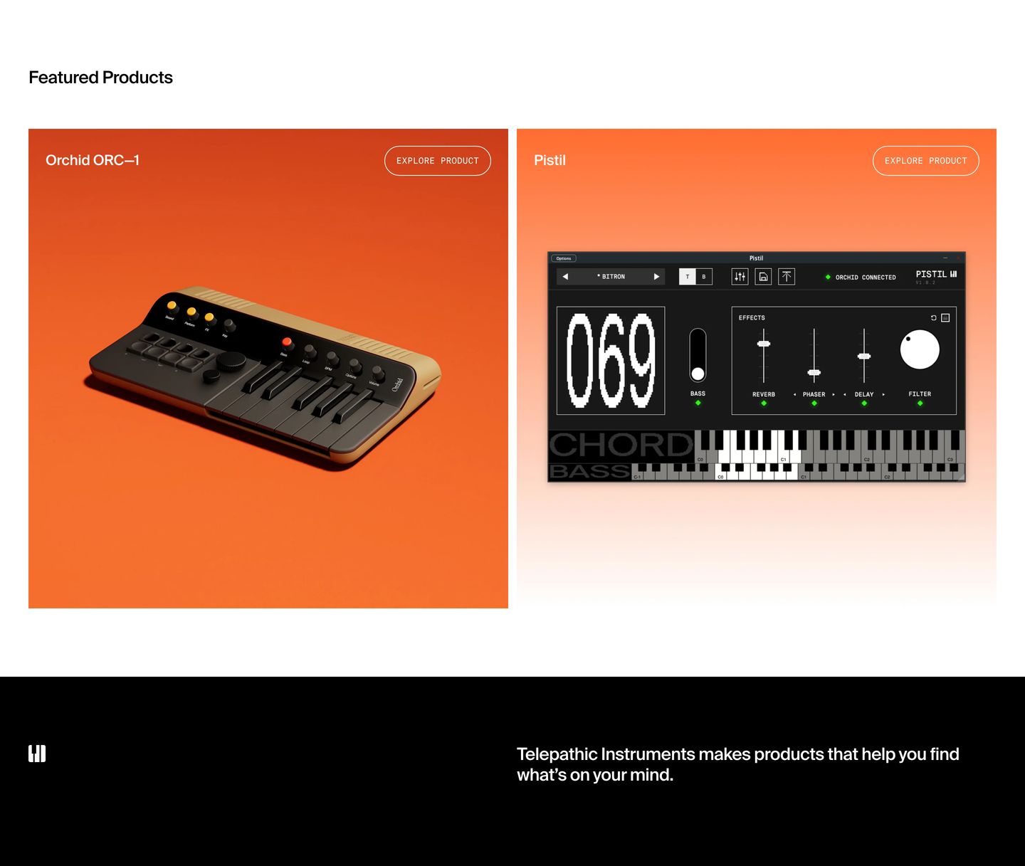 Vibrant warm orange product display cards showcasing hardware and software synthesizers with high-contrast geometric precision.