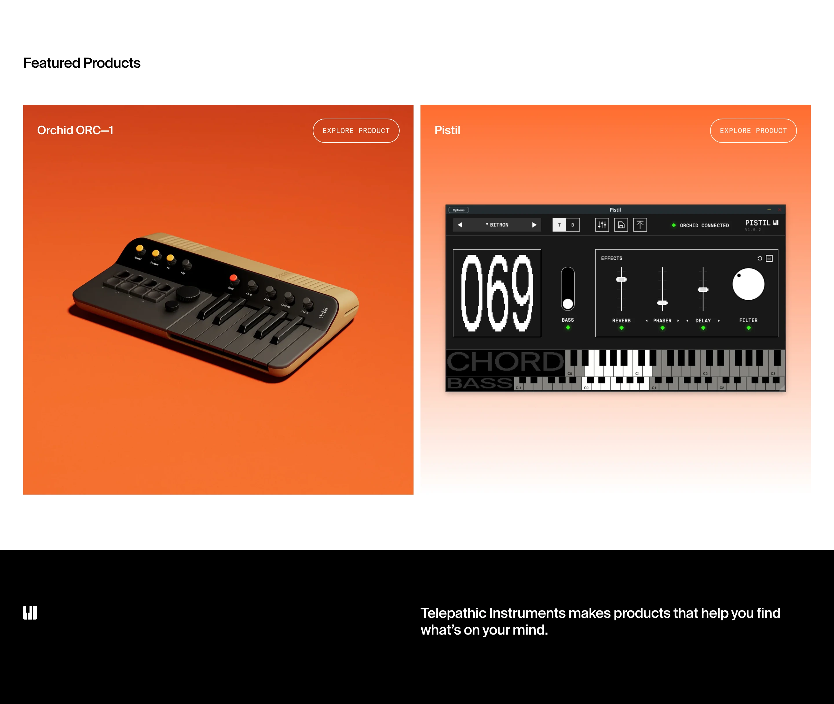 Vibrant warm orange product display cards showcasing hardware and software synthesizers with high-contrast geometric precision.