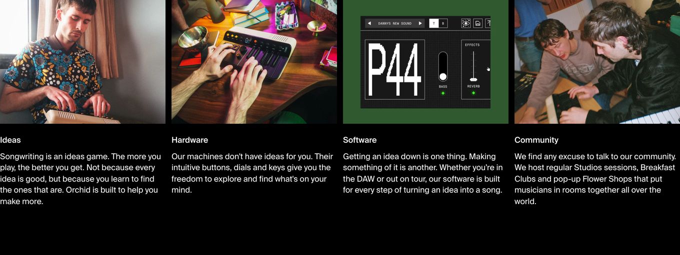 Dark four-column grid pairing intimate studio photography with concise narrative copy.