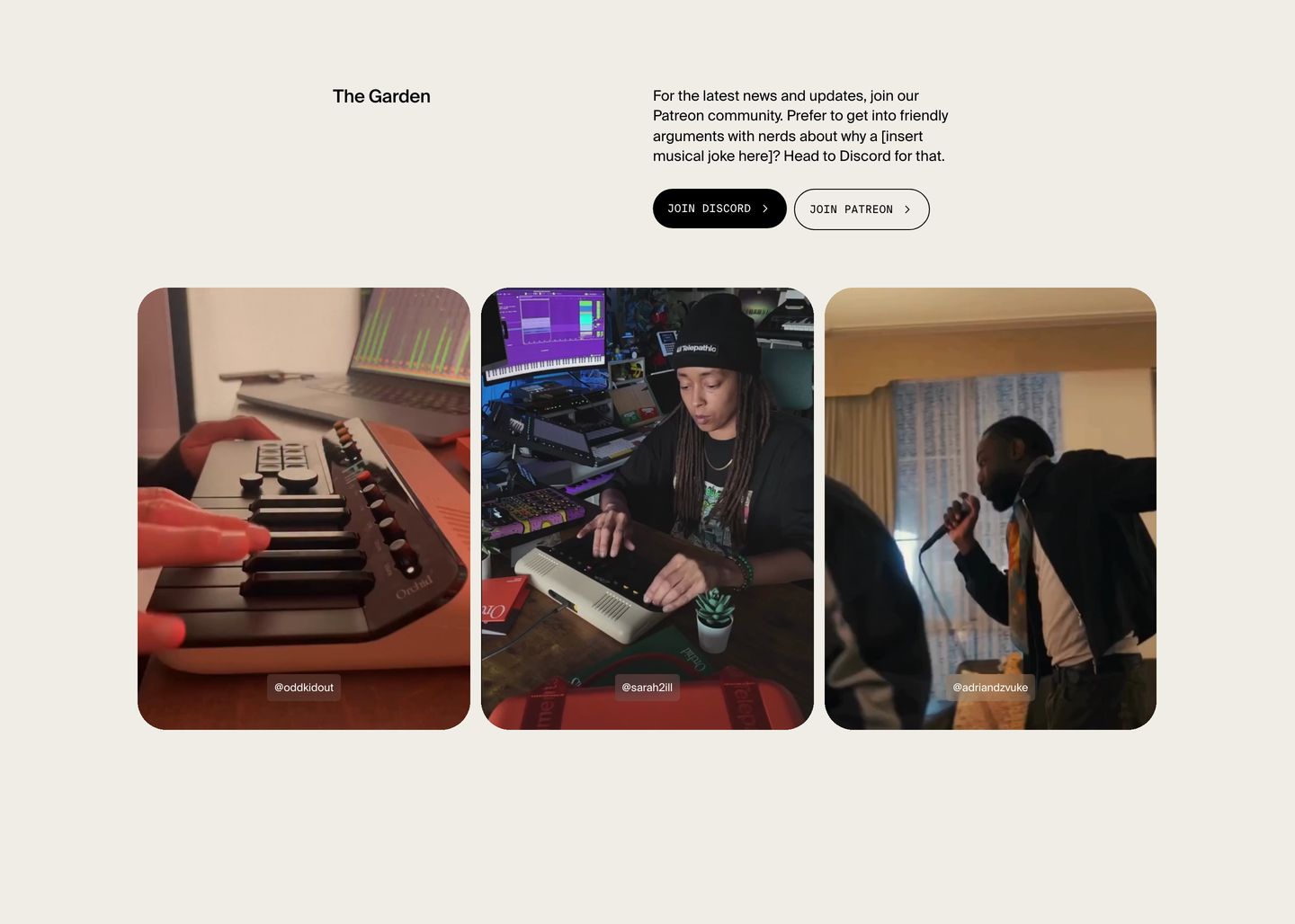 A relaxed, warm community showcase featuring casual creator video clips framed beneath airy editorial copy and pill buttons.