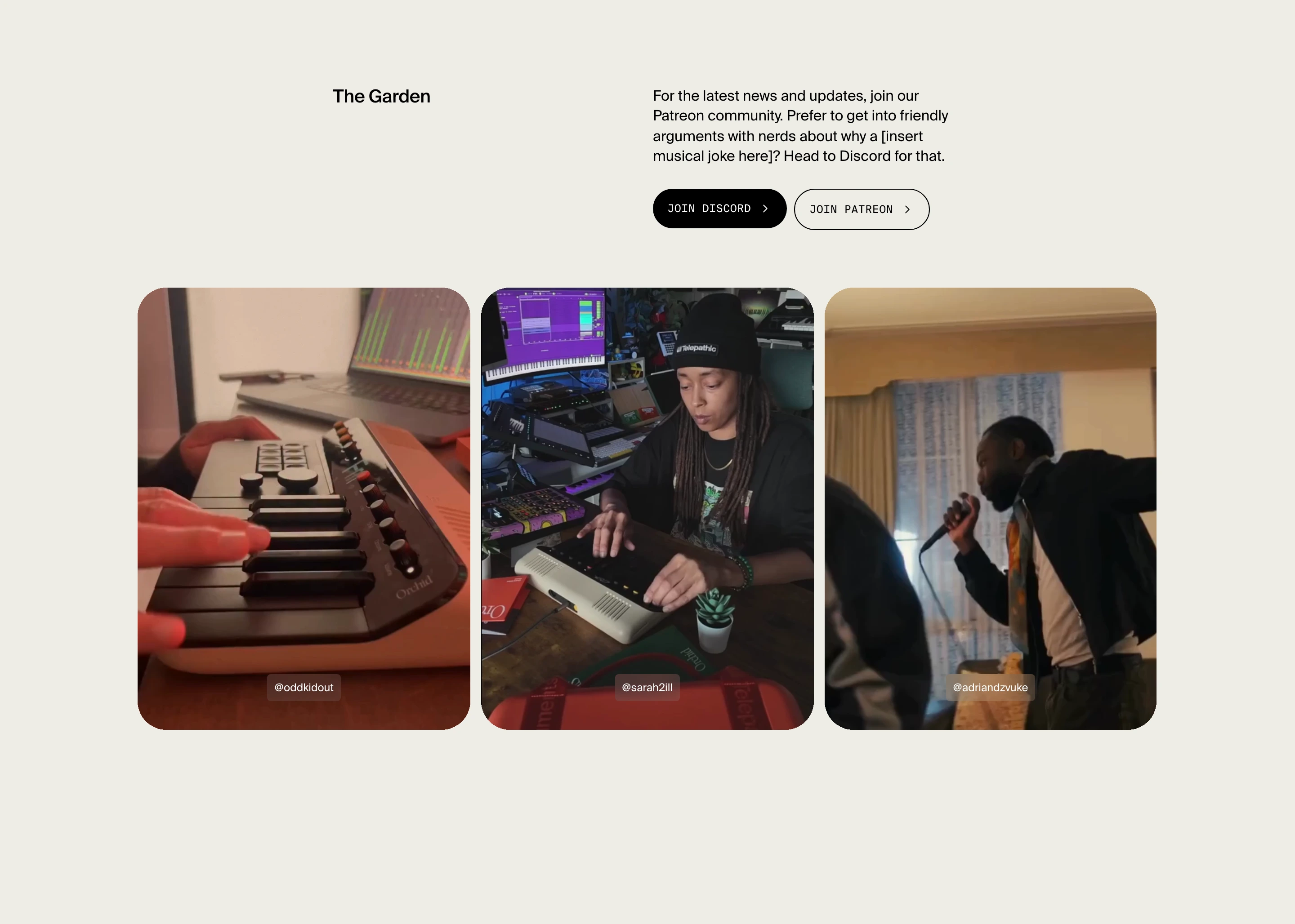 A relaxed, warm community showcase featuring casual creator video clips framed beneath airy editorial copy and pill buttons.