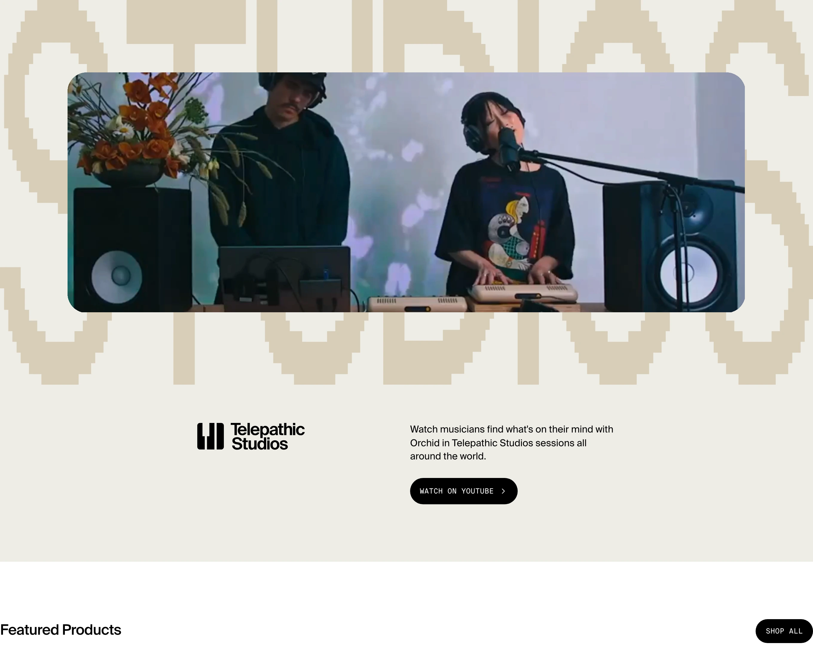 Warm, textured studio session showcase with pixelated typography framing a rounded video viewport.