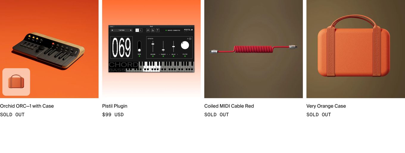 A crisp, minimalist product catalog showcasing tactile hardware and music tools with warm atmospheric product shots and understated typography.