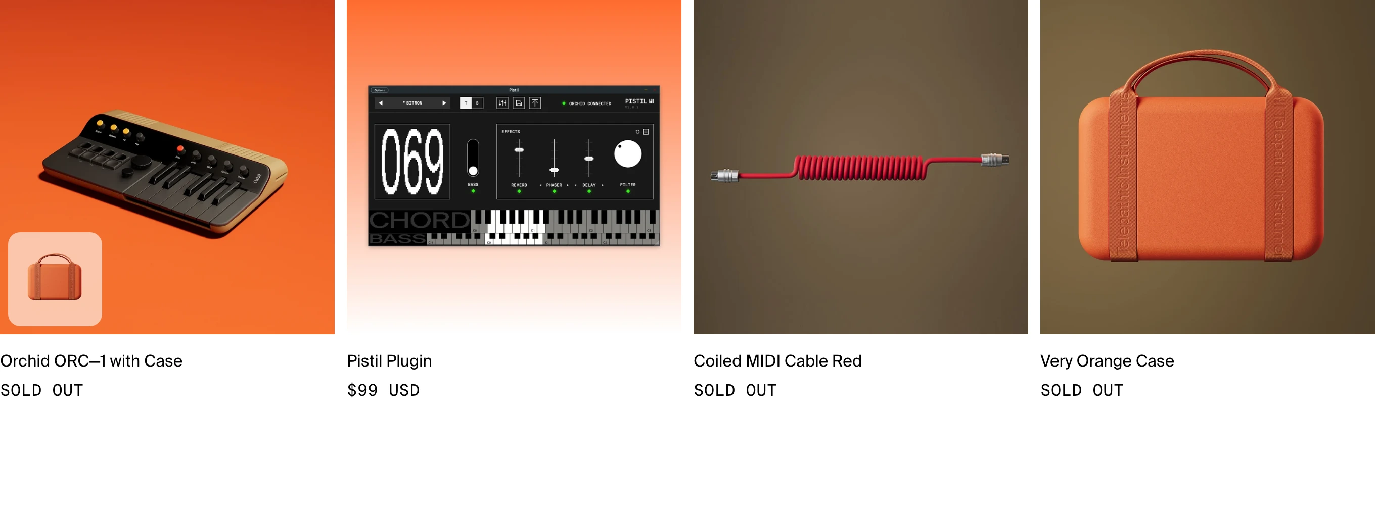 A crisp, minimalist product catalog showcasing tactile hardware and music tools with warm atmospheric product shots and understated typography.