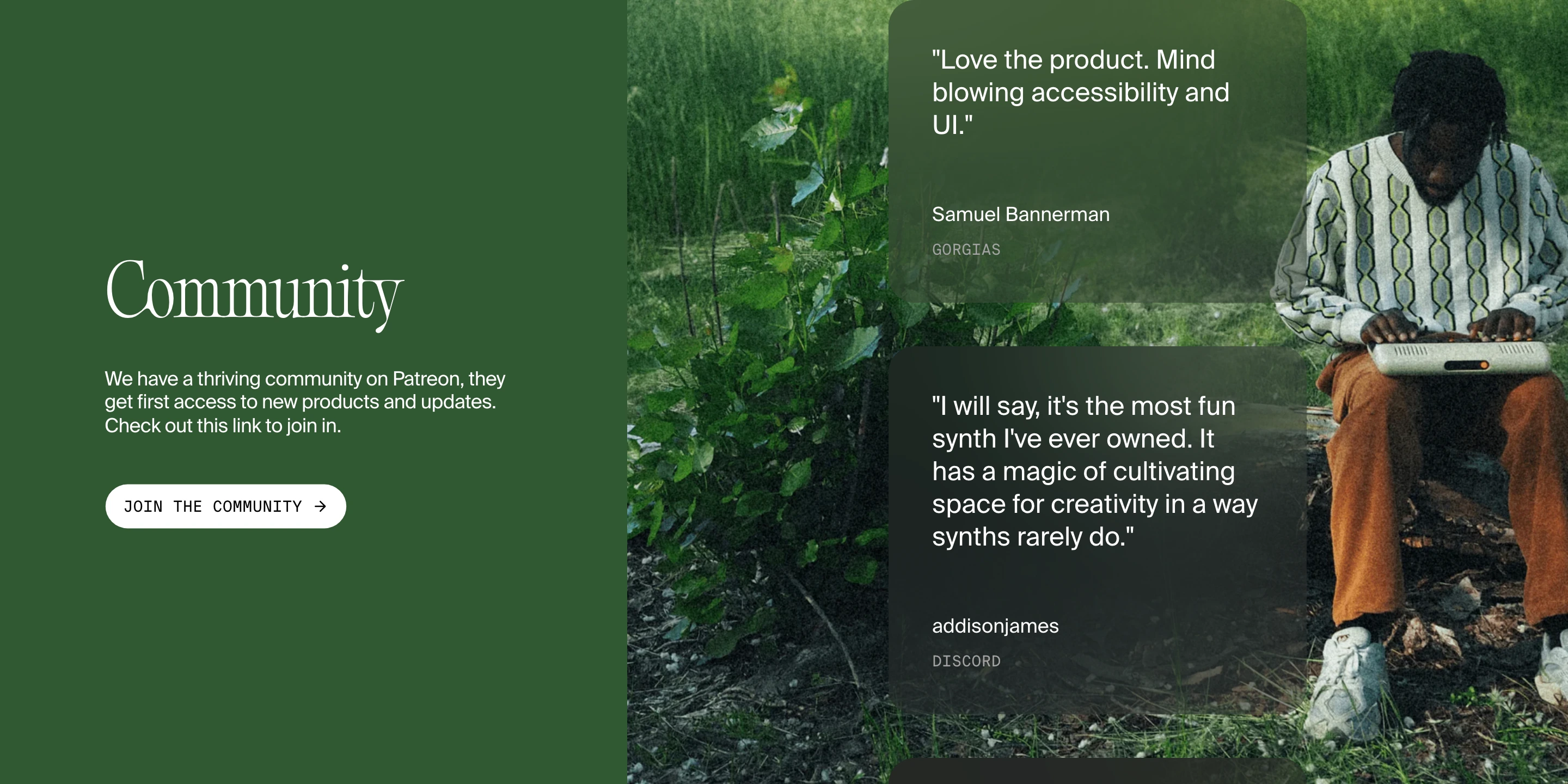 A tranquil forest-green split section blending organic outdoor photography with frosted glass testimonial cards.
