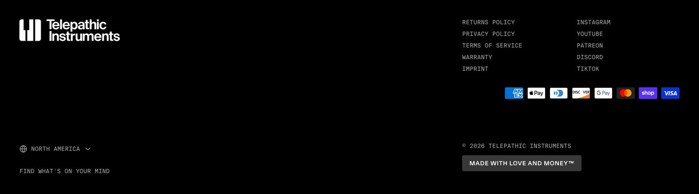 Stark, utilitarian black footer anchored by crisp monospace typography and structured navigation clusters in the corners.