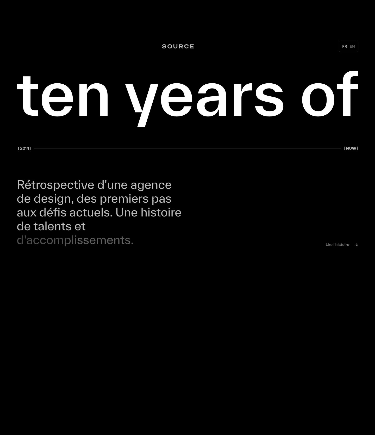 Austere and confident dark retrospective hero dominated by massive lowercase type and structured timeline brackets.