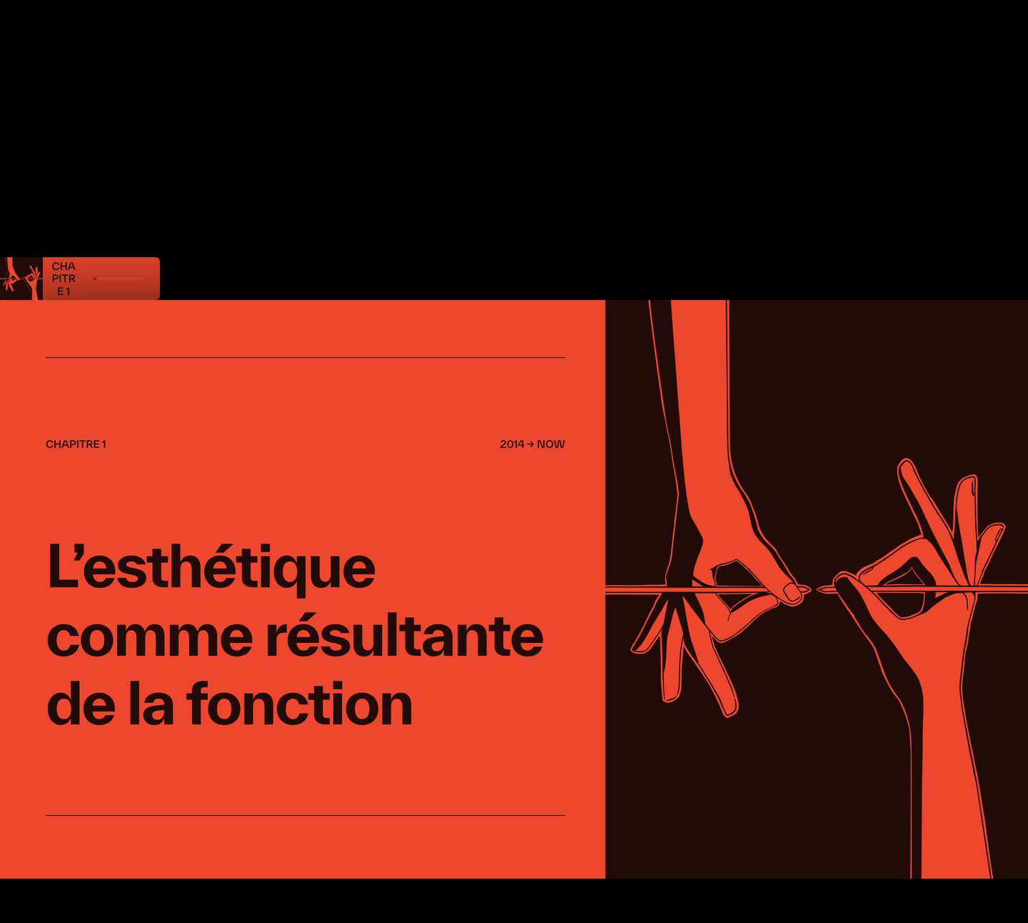 High-impact editorial chapter break contrasting vibrant red-orange with stark black, featuring bold grotesque typography and precise graphic hand illustrations.