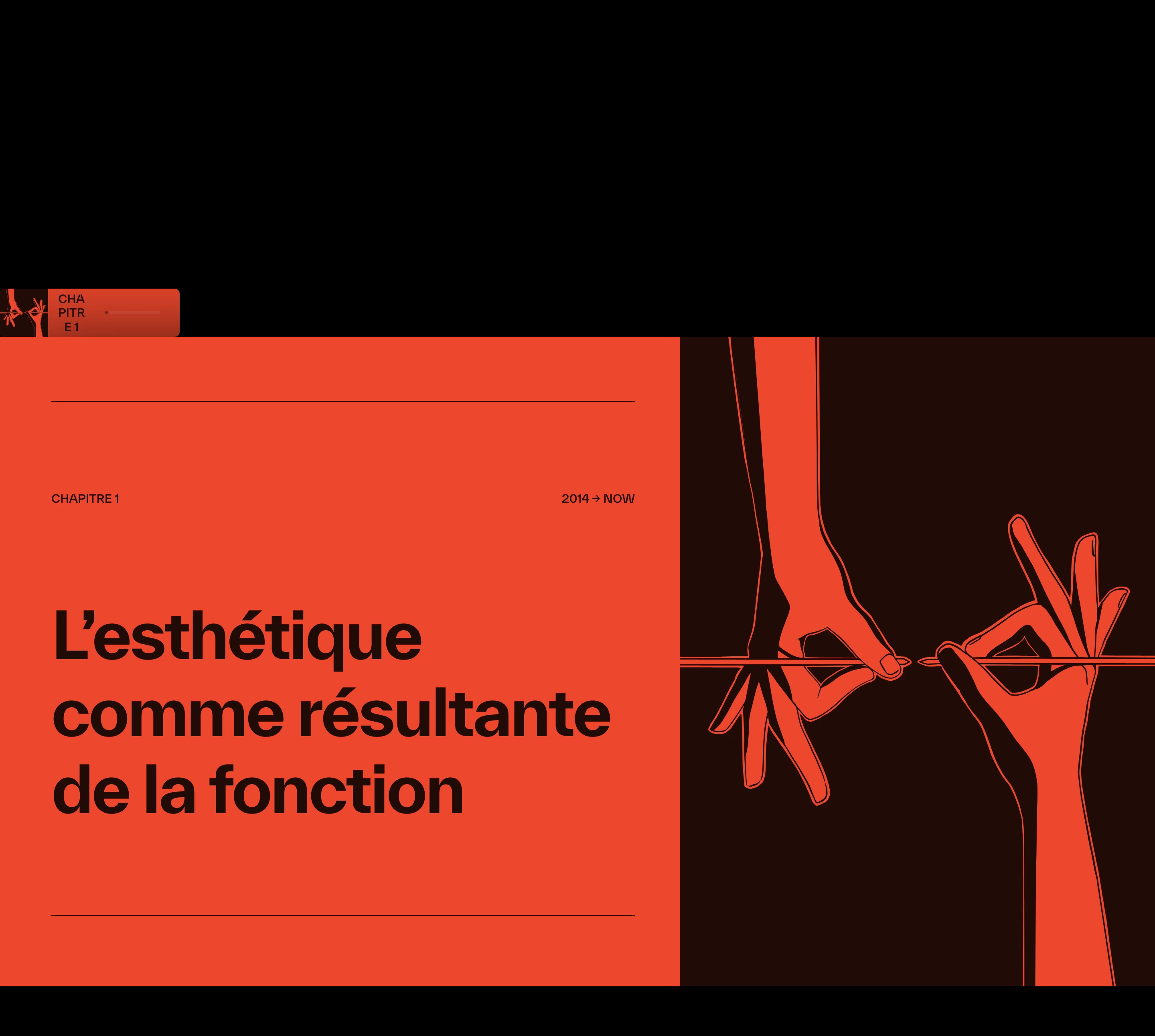 High-impact editorial chapter break contrasting vibrant red-orange with stark black, featuring bold grotesque typography and precise graphic hand illustrations.