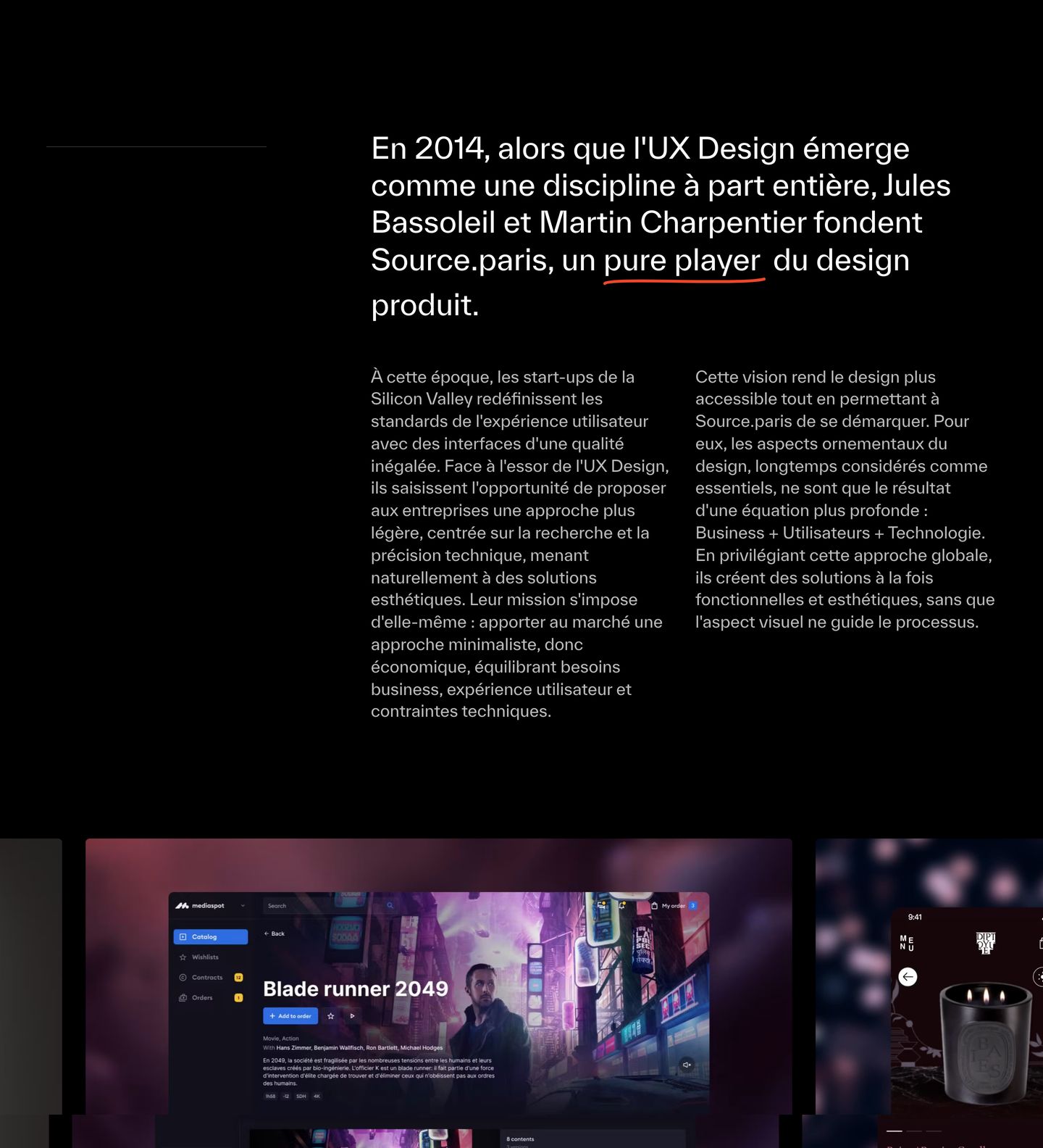 Deep black editorial narrative with crisp typography, multi-column storytelling, and UI showcase cards anchored at the bottom.
