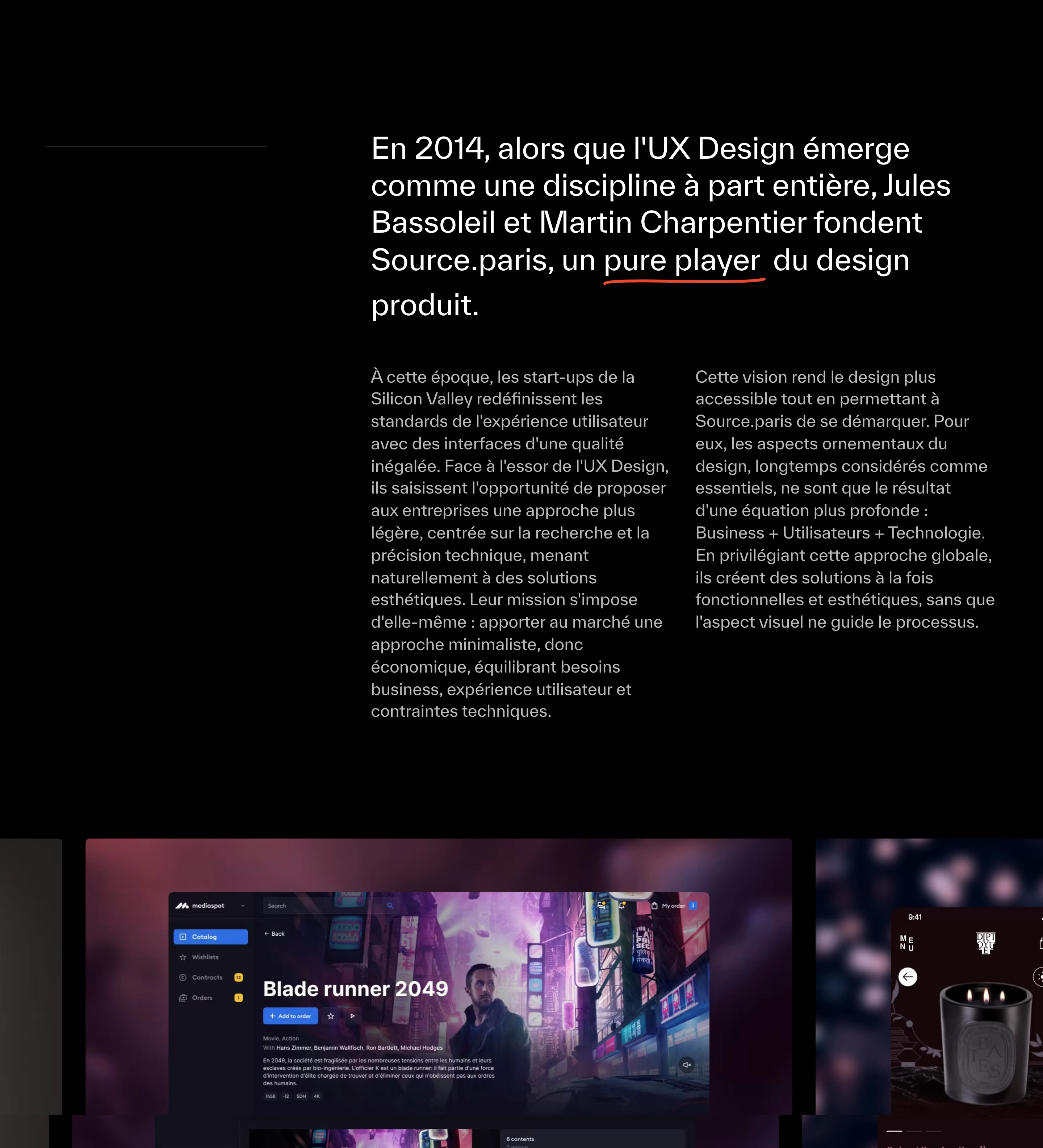Deep black editorial narrative with crisp typography, multi-column storytelling, and UI showcase cards anchored at the bottom.